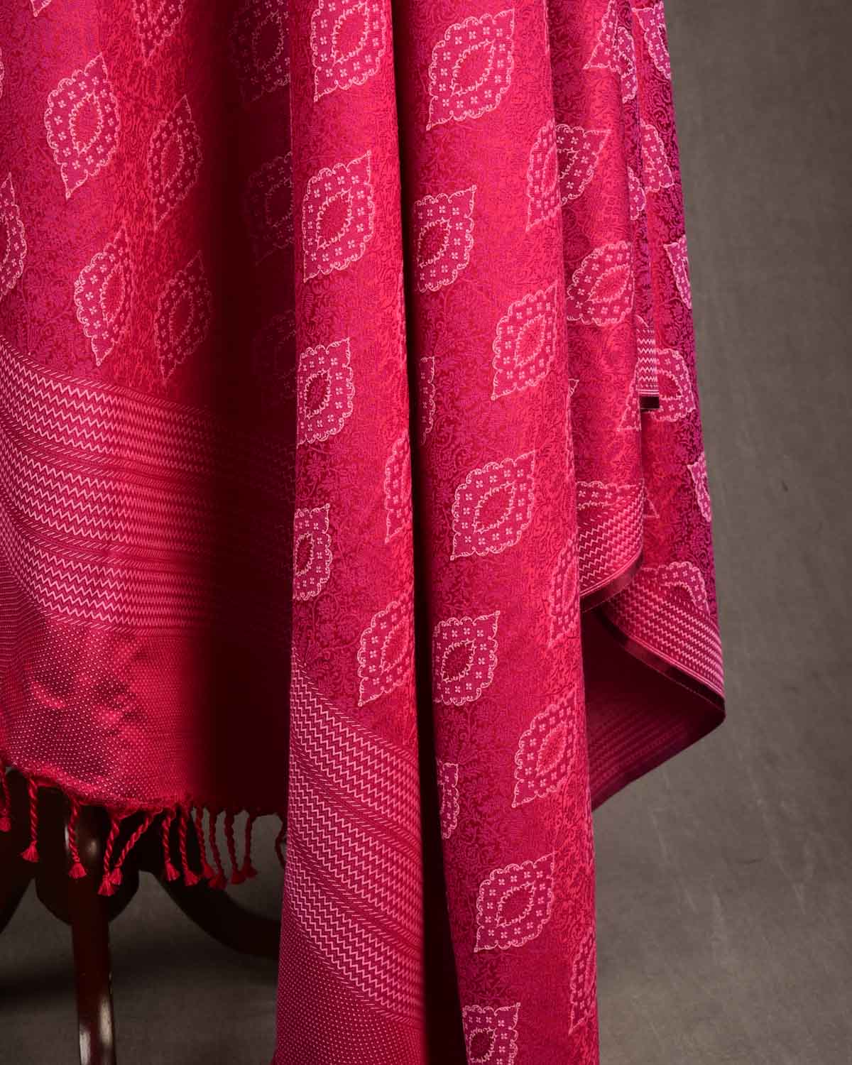 White On Magenta Damask Tanchoi Handwoven Silk Wool Unisex Dress Shawl-HolyWeaves