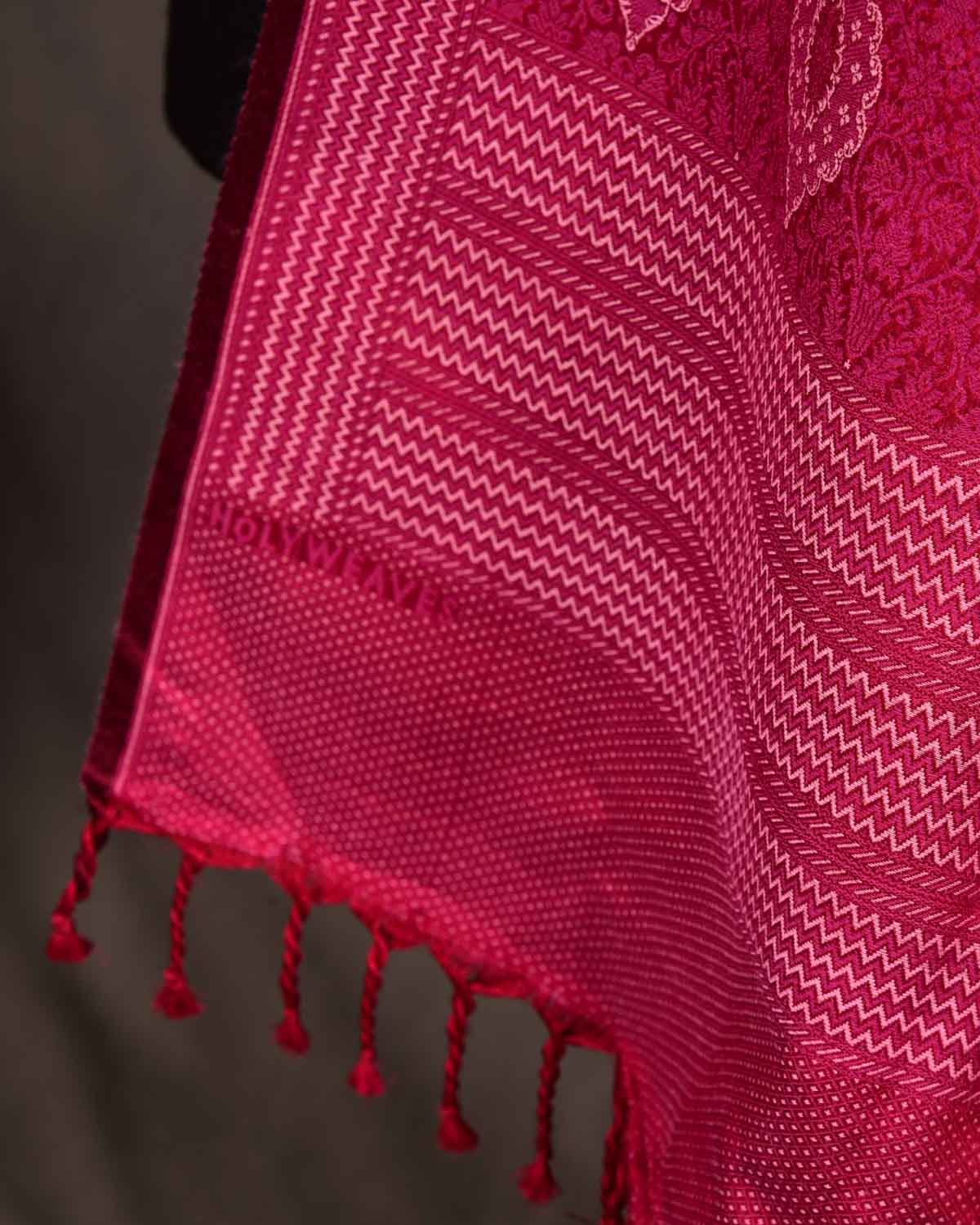White On Magenta Damask Tanchoi Handwoven Silk Wool Unisex Dress Shawl-HolyWeaves