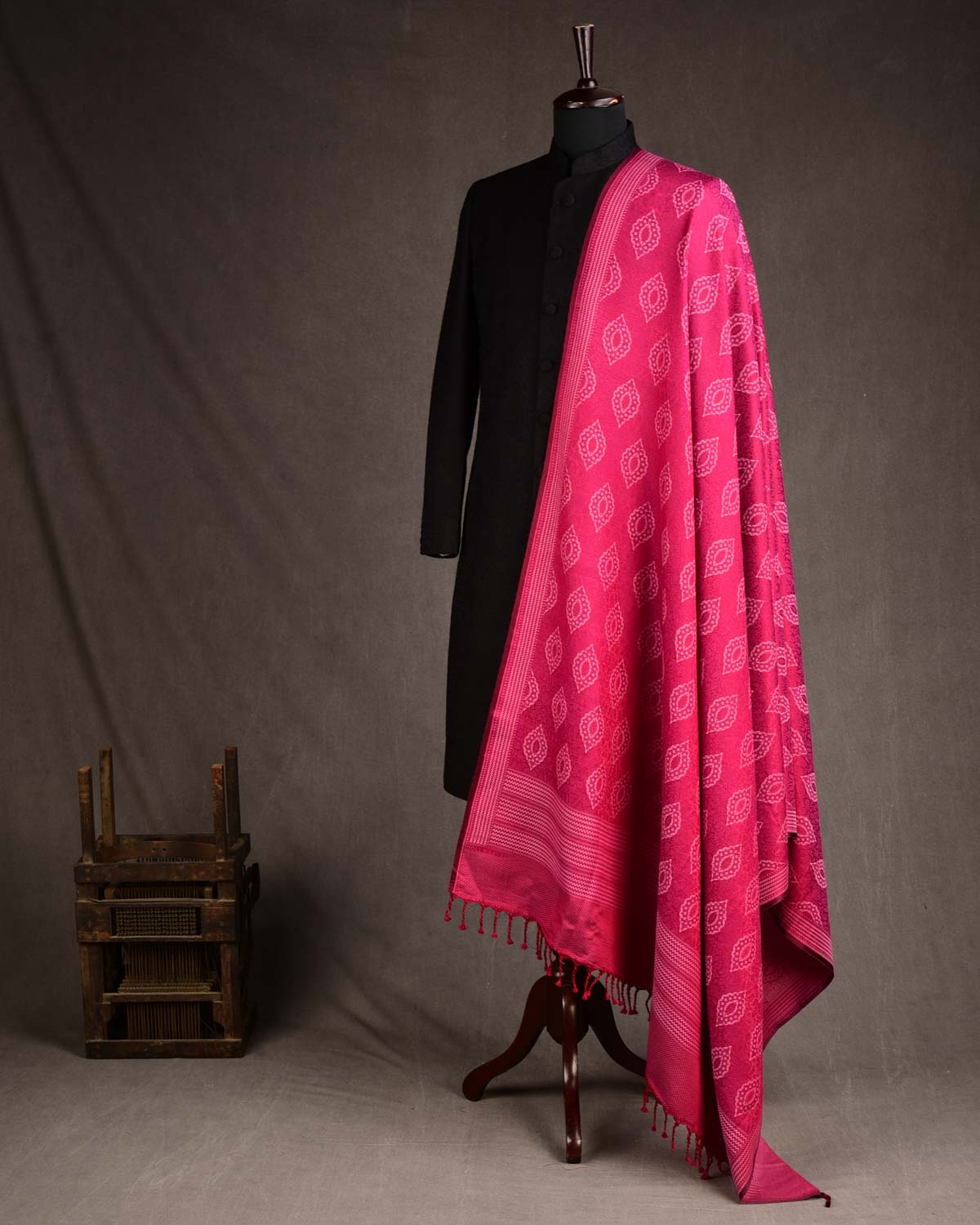White On Magenta Damask Tanchoi Handwoven Silk Wool Unisex Dress Shawl-HolyWeaves