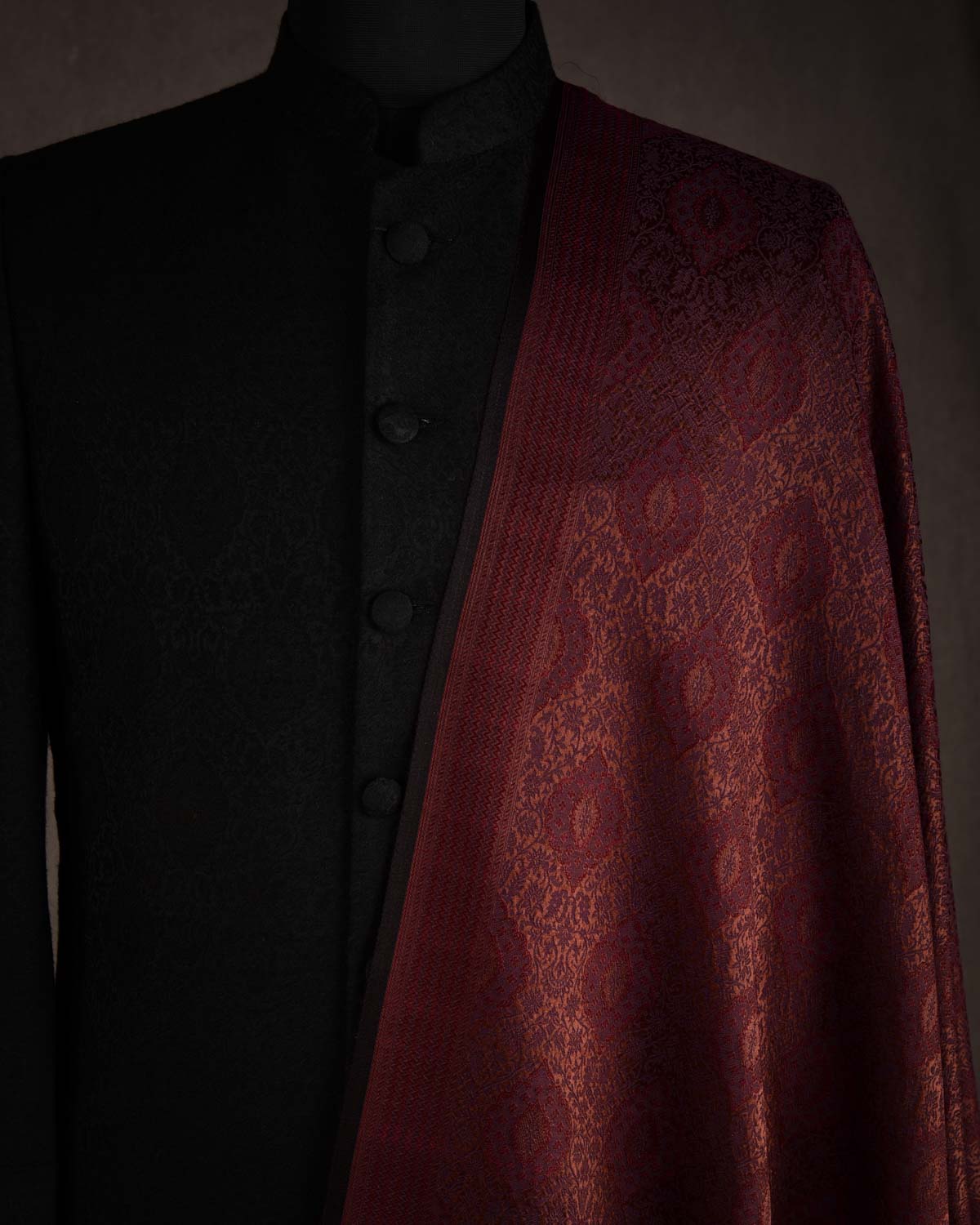 Brown Damask Tanchoi Handwoven Silk Wool Unisex Dress Shawl-HolyWeaves