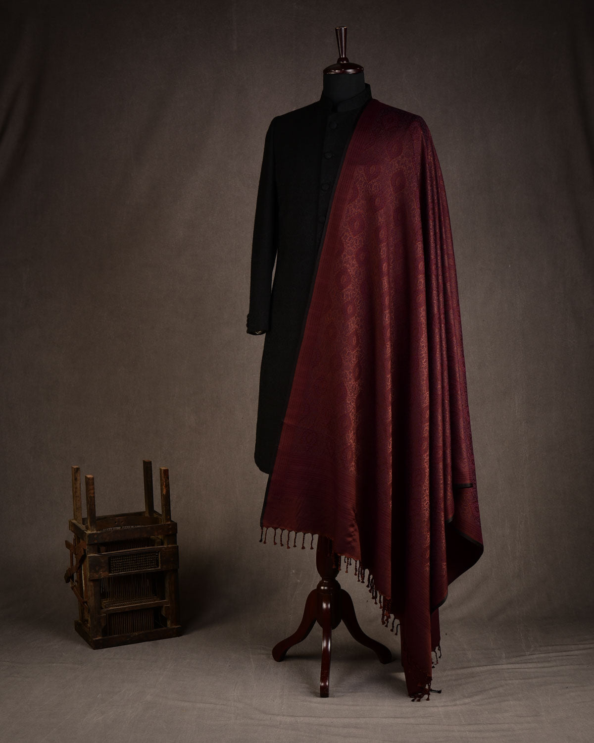 Brown Damask Tanchoi Handwoven Silk Wool Unisex Dress Shawl-HolyWeaves