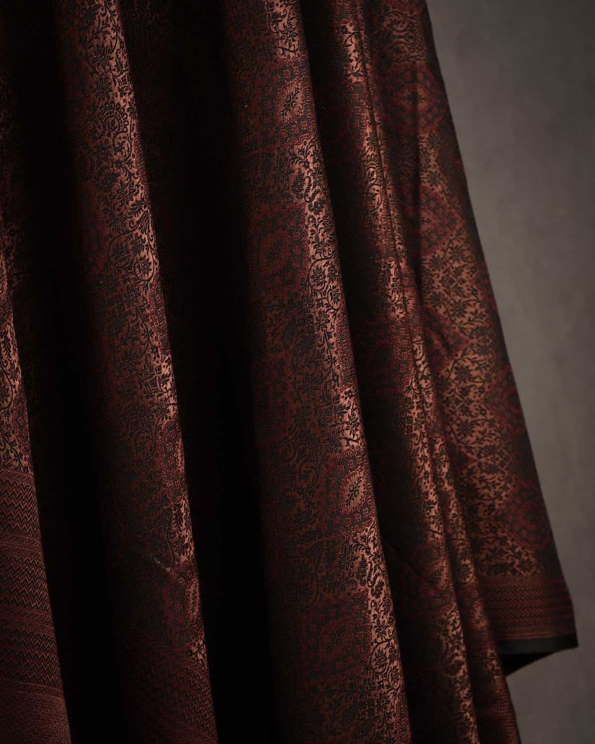 Black Brown Damask Satin Tanchoi Handwoven Silk Wool Unisex Dress Shawl-HolyWeaves