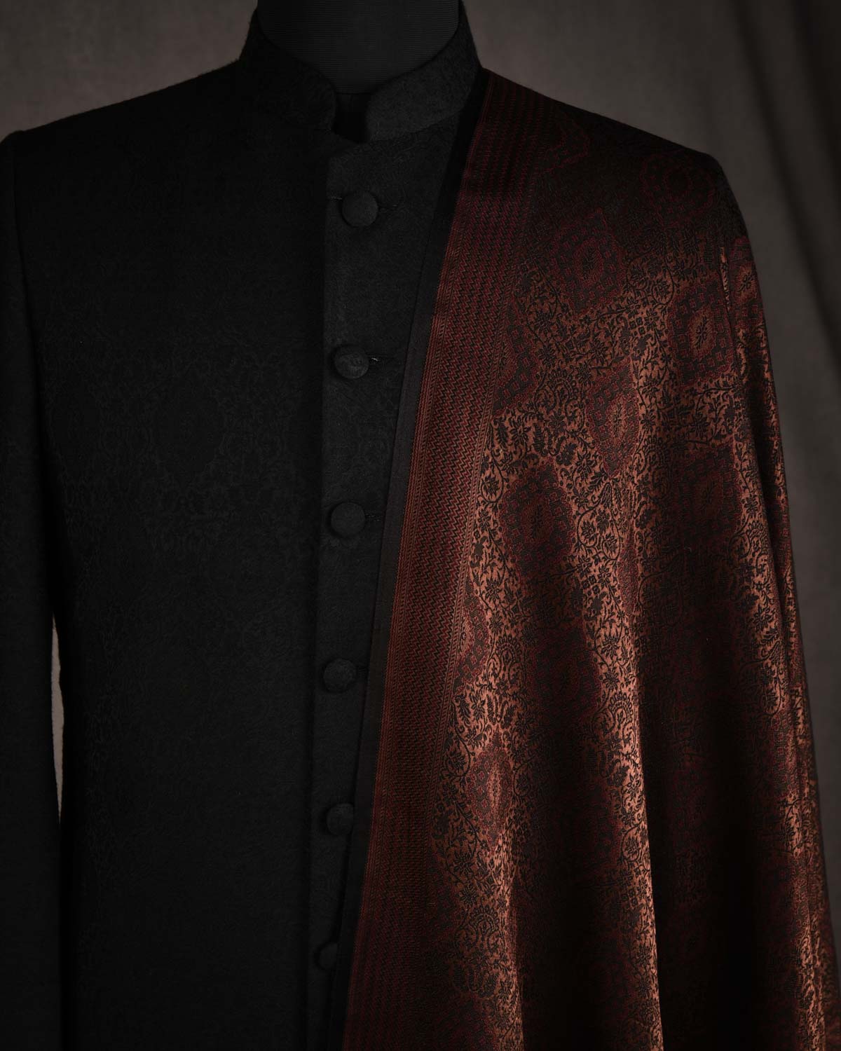 Black Brown Damask Satin Tanchoi Handwoven Silk Wool Unisex Dress Shawl-HolyWeaves