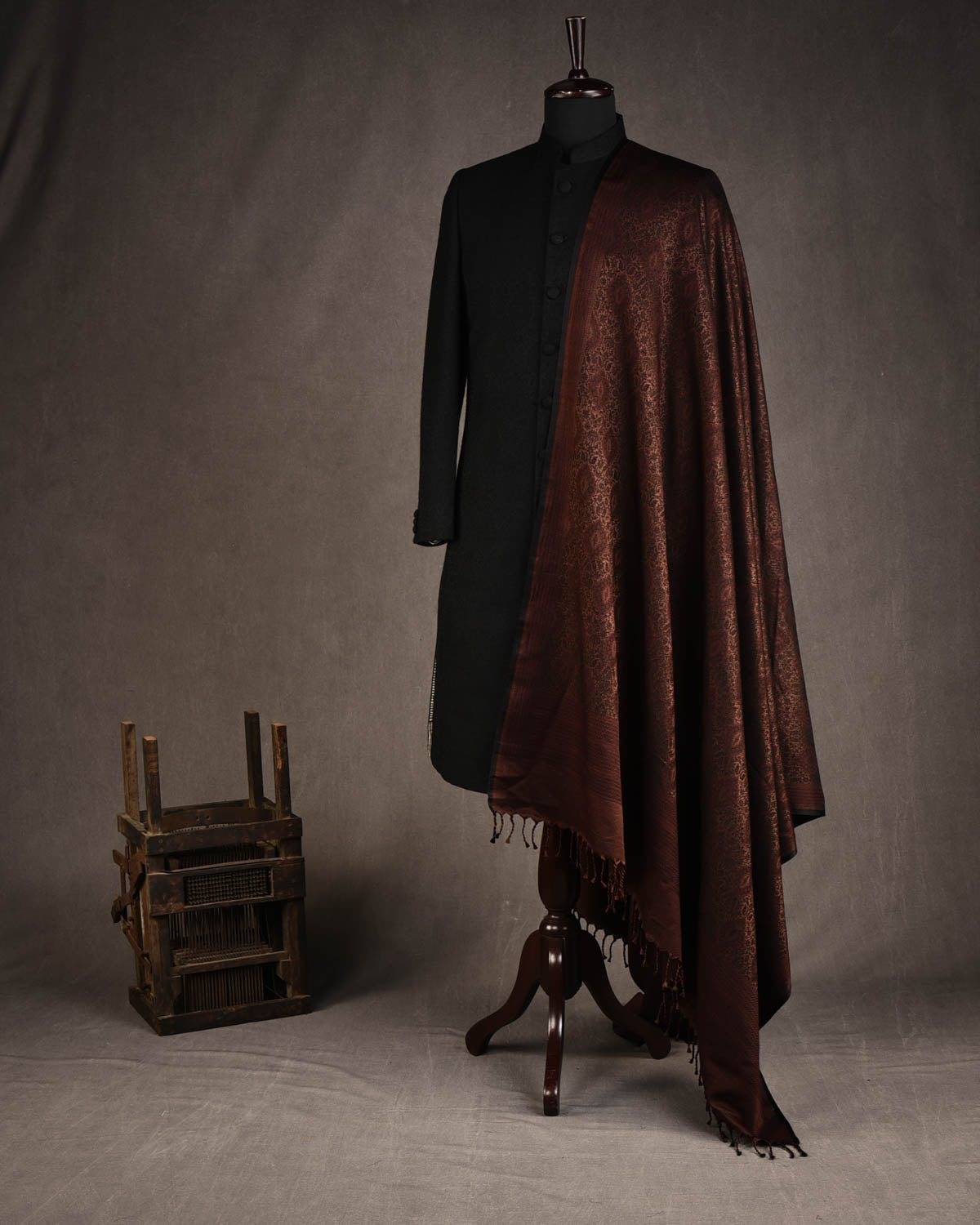 Black Brown Damask Satin Tanchoi Handwoven Silk Wool Unisex Dress Shawl-HolyWeaves