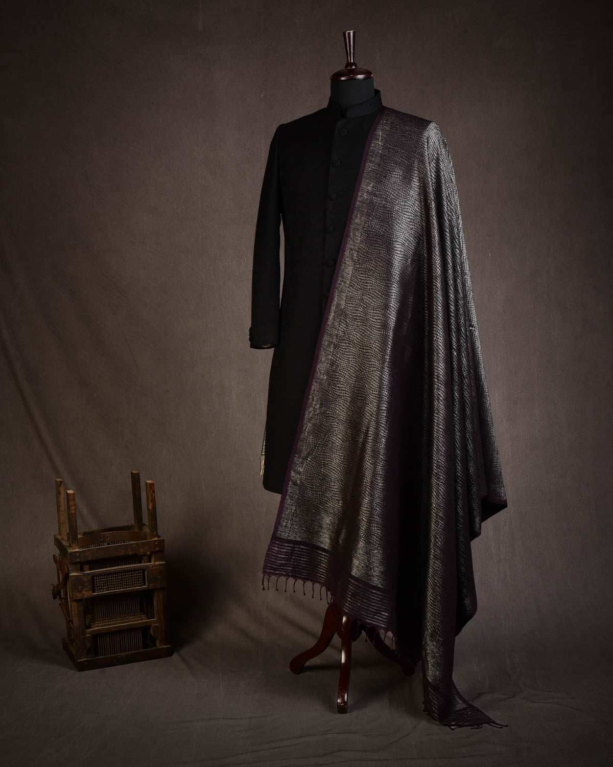 Mahogany Banarasi Silver Zari Distressed Python Stripes Brocade Handwoven Silk Wool Shawl-HolyWeaves