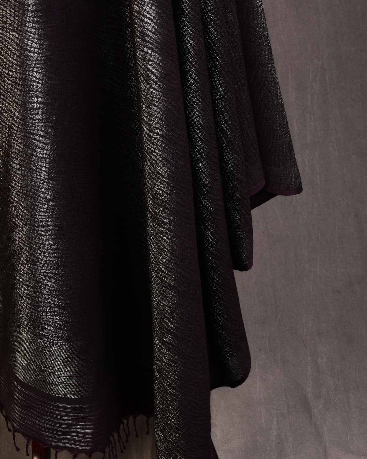 Mahogany Banarasi Silver Zari Distressed Python Stripes Brocade Handwoven Silk Wool Shawl-HolyWeaves