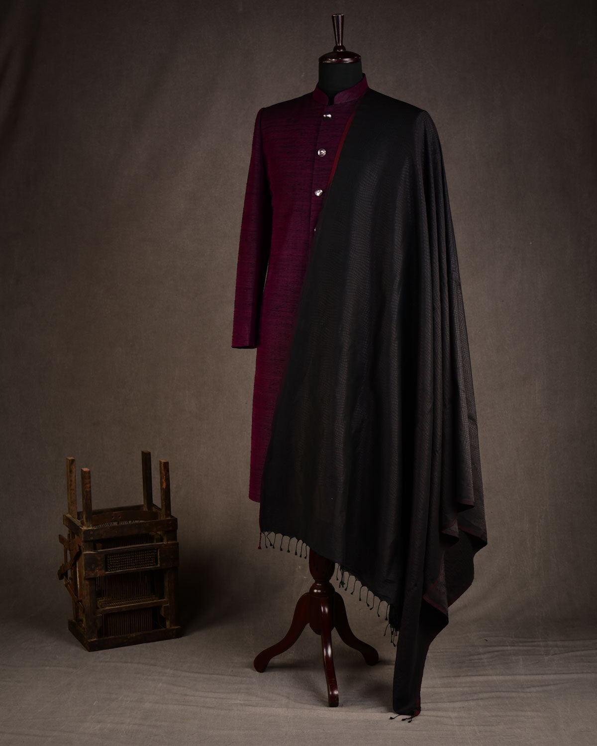 Black Black Zari Distressed Python Stripes Brocade Handwoven Silk Wool Unisex Dress Shawl-HolyWeaves