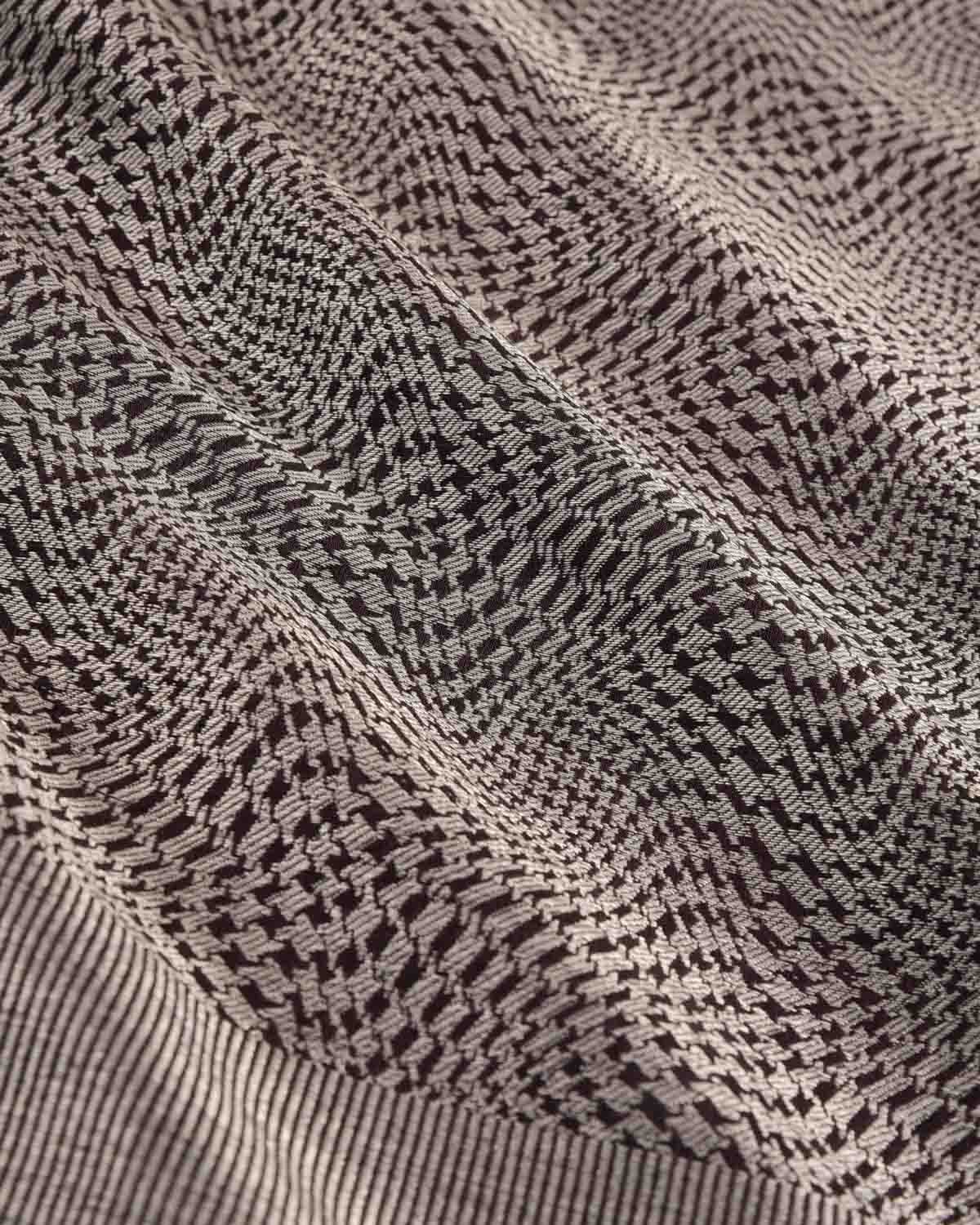 Mahogany Silver Zari Illusion Houndstooth Brocade Handwoven Silk Wool Dress Shawl-HolyWeaves