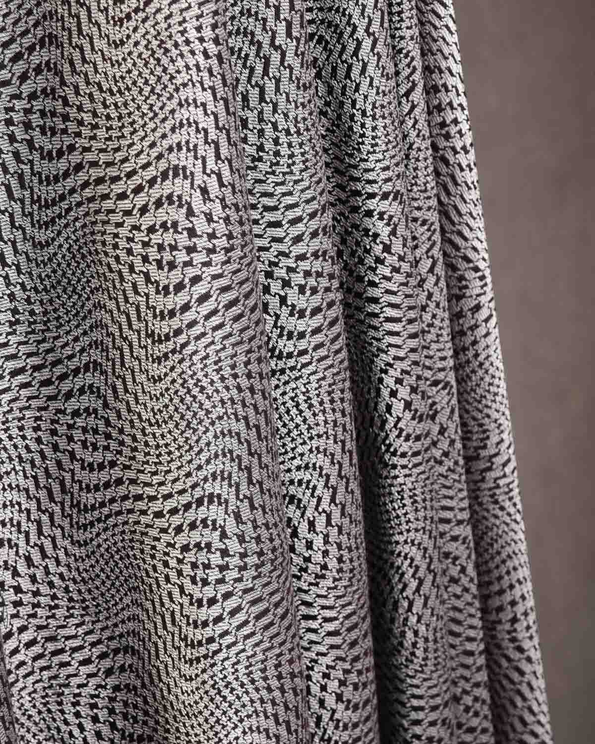 Mahogany Silver Zari Illusion Houndstooth Brocade Handwoven Silk Wool Dress Shawl-HolyWeaves