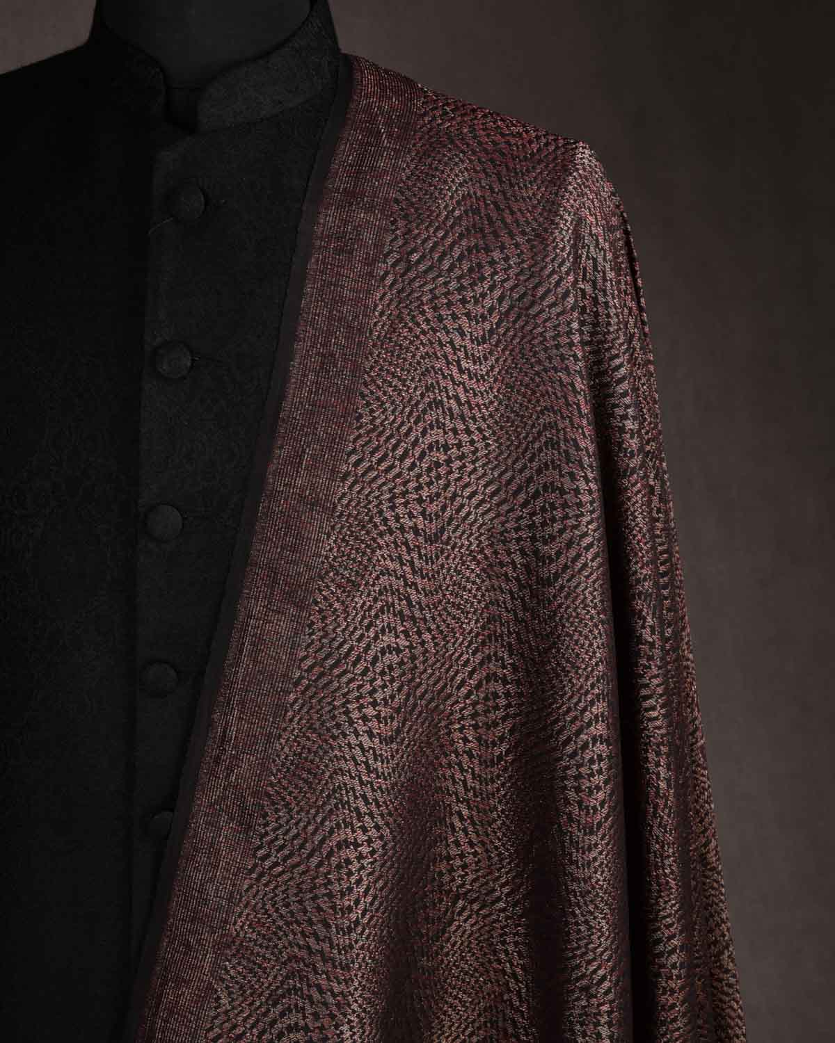 Black Maroon & Gold Zari Illusion Houndstooth Brocade Handwoven Silk Wool Unisex Dress Shawl-HolyWeaves
