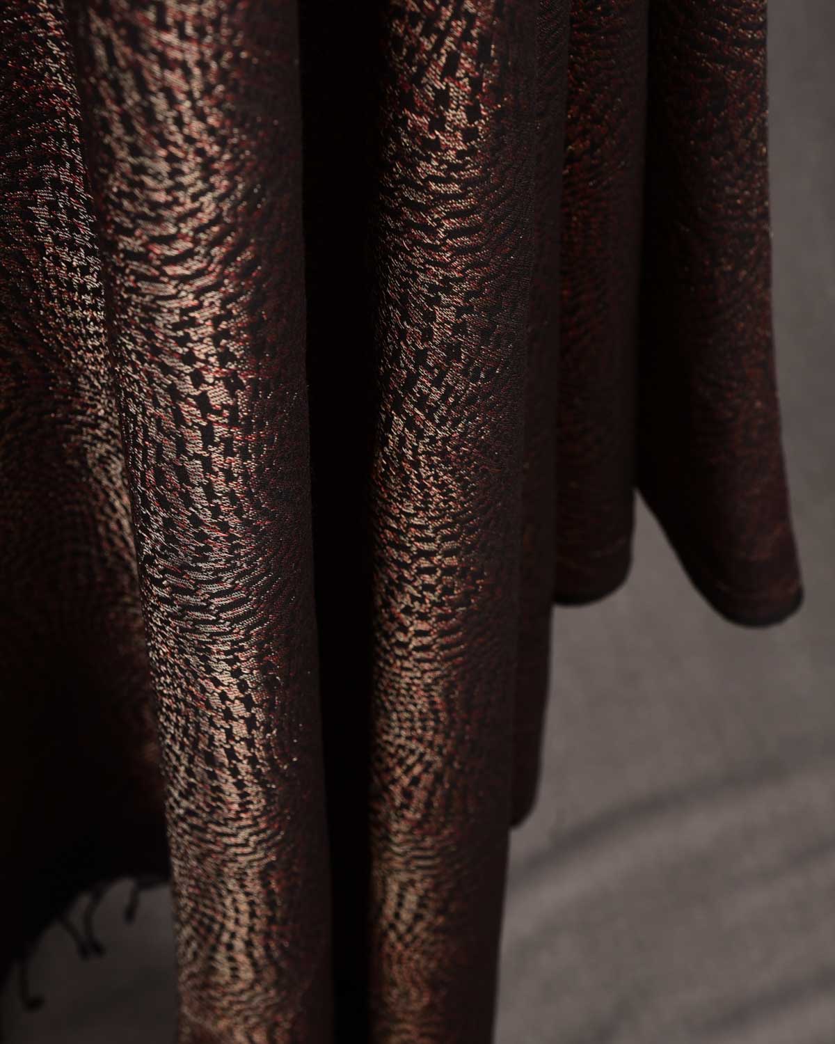 Black Maroon & Gold Zari Illusion Houndstooth Brocade Handwoven Silk Wool Unisex Dress Shawl-HolyWeaves