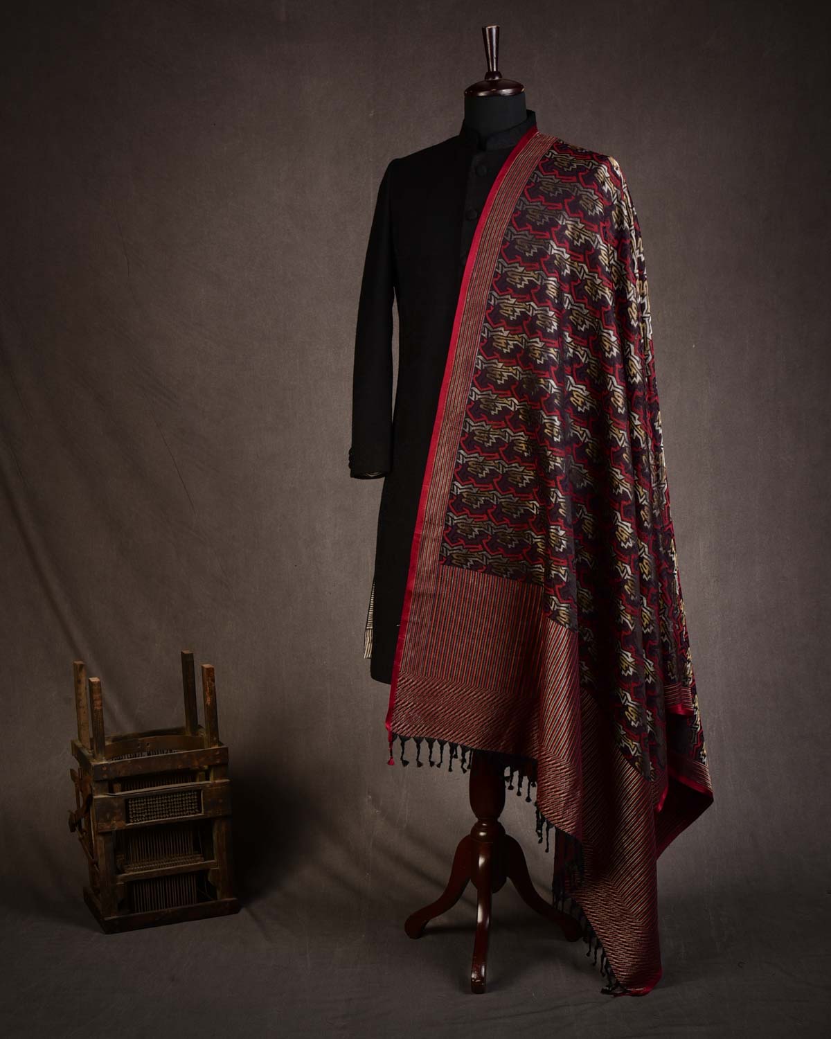 Mahogany 4-Color Contemporary Glitch Jamawar Handwoven Silk Wool Dress Shawl-HolyWeaves