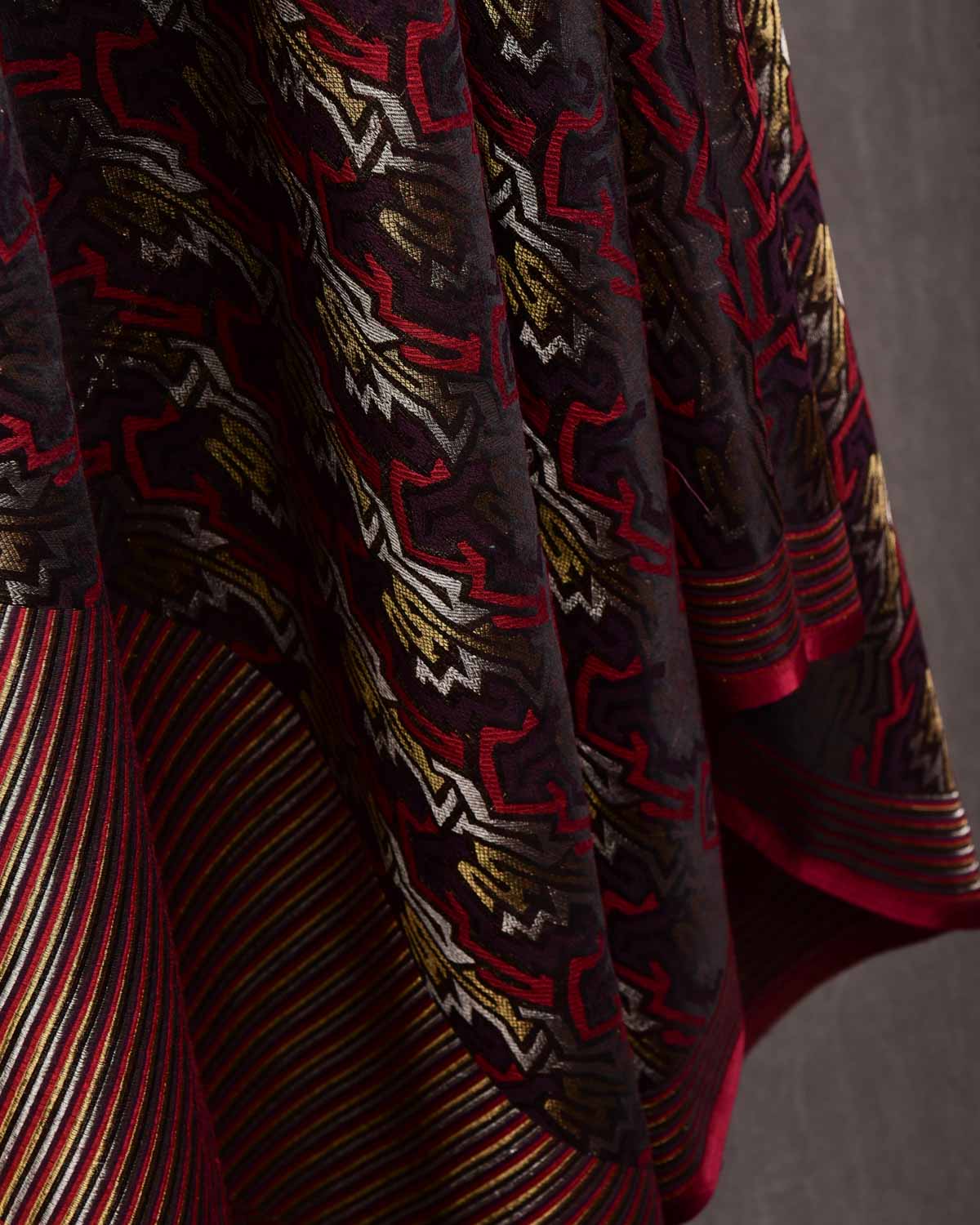 Mahogany 4-Color Contemporary Glitch Jamawar Handwoven Silk Wool Dress Shawl-HolyWeaves