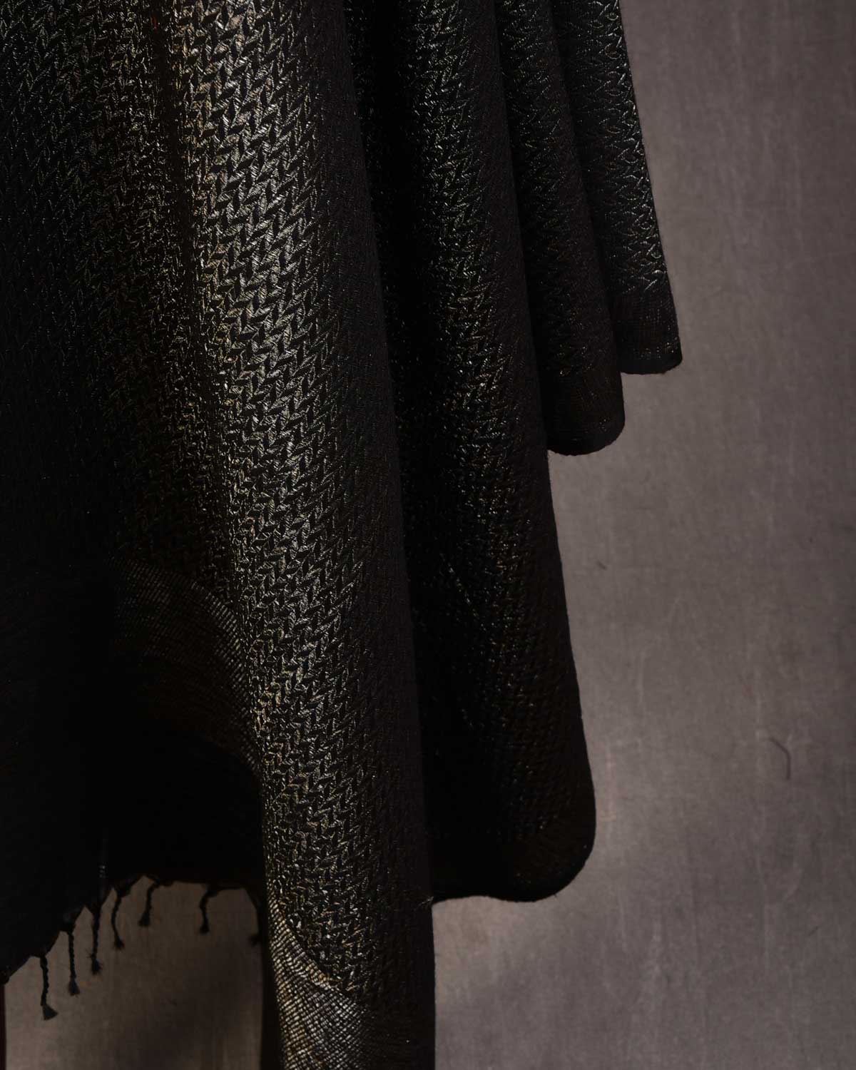 Black Gold & Silver Zari Herringbone Brocade Handwoven Silk Wool Dress Shawl-HolyWeaves