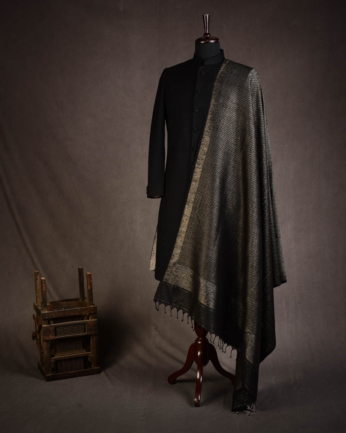 Black Gold & Silver Zari Herringbone Brocade Handwoven Silk Wool Dress Shawl-HolyWeaves