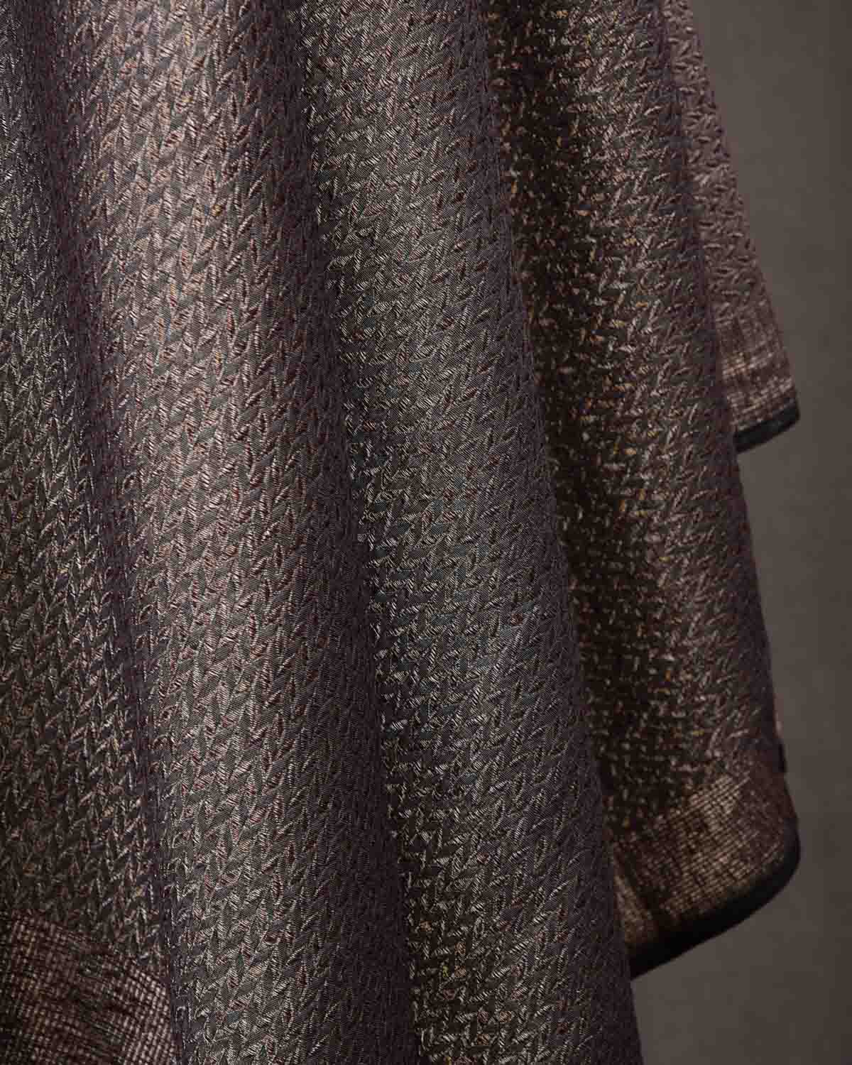 Gray Gold & Silver Zari Herringbone Brocade Handwoven Silk Wool Dress Shawl-HolyWeaves