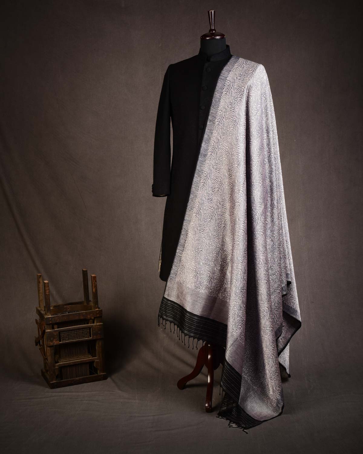 Metallic English Lavender Tiger Stripes Brocade Handwoven Silk Wool Dress Shawl-HolyWeaves