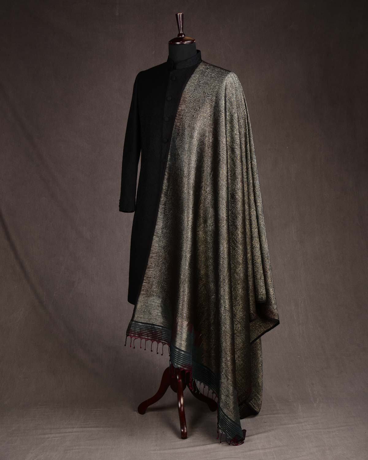 Ombre Black Gold & Silver Zari Tiger Stripes Brocade Handwoven Silk Wool Unisex Dress Shawl-HolyWeaves