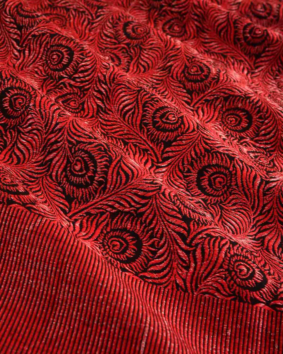 Black & Metallic Red Morpankh Brocade Handwoven Silk Wool Banarasi Shawl-HolyWeaves