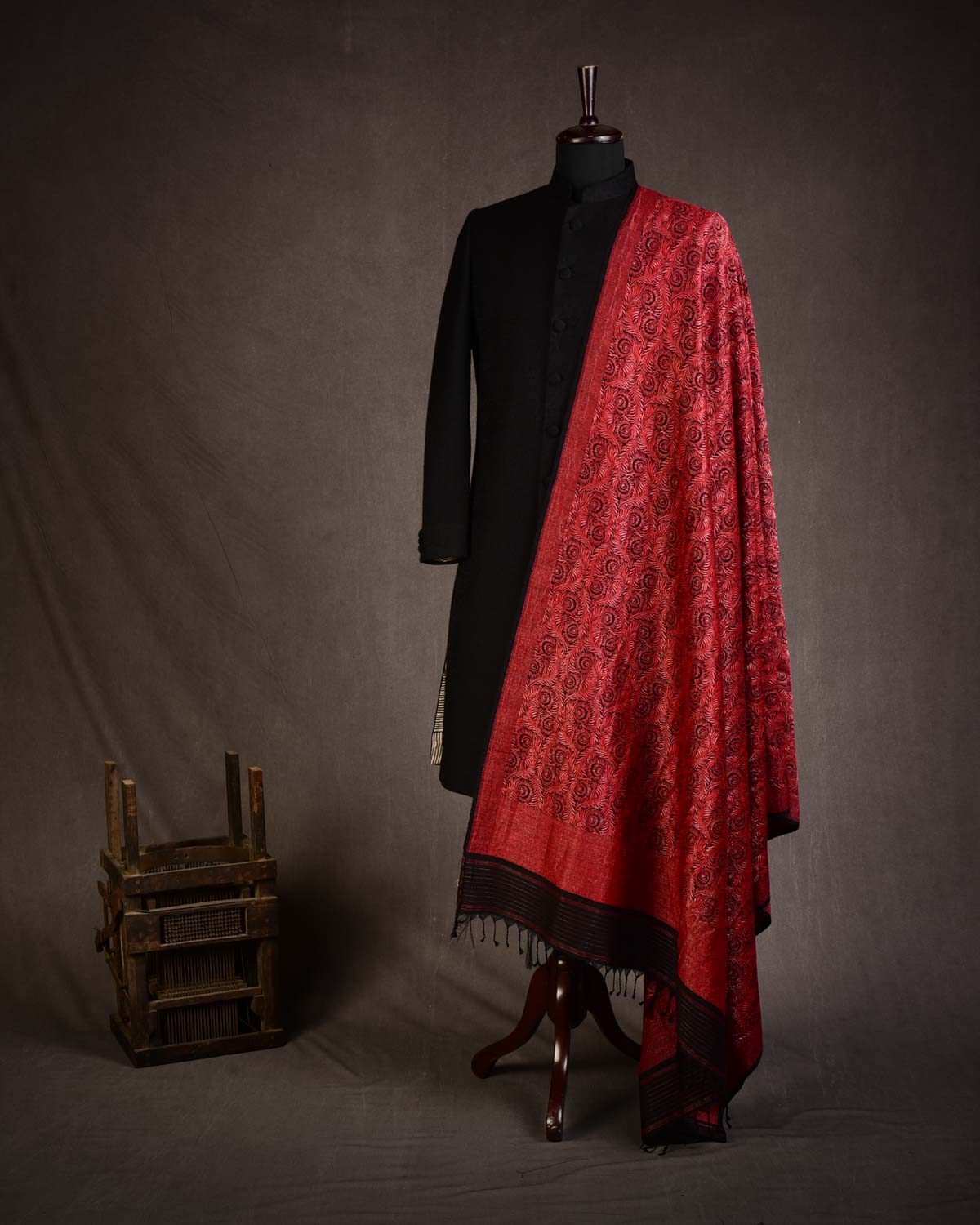 Black & Metallic Red Morpankh Brocade Handwoven Silk Wool Banarasi Shawl-HolyWeaves