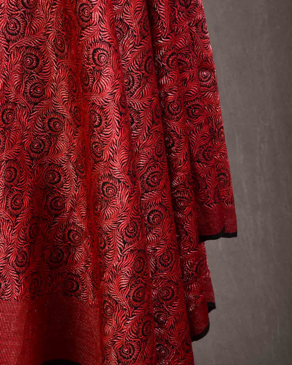 Black & Metallic Red Morpankh Brocade Handwoven Silk Wool Banarasi Shawl-HolyWeaves