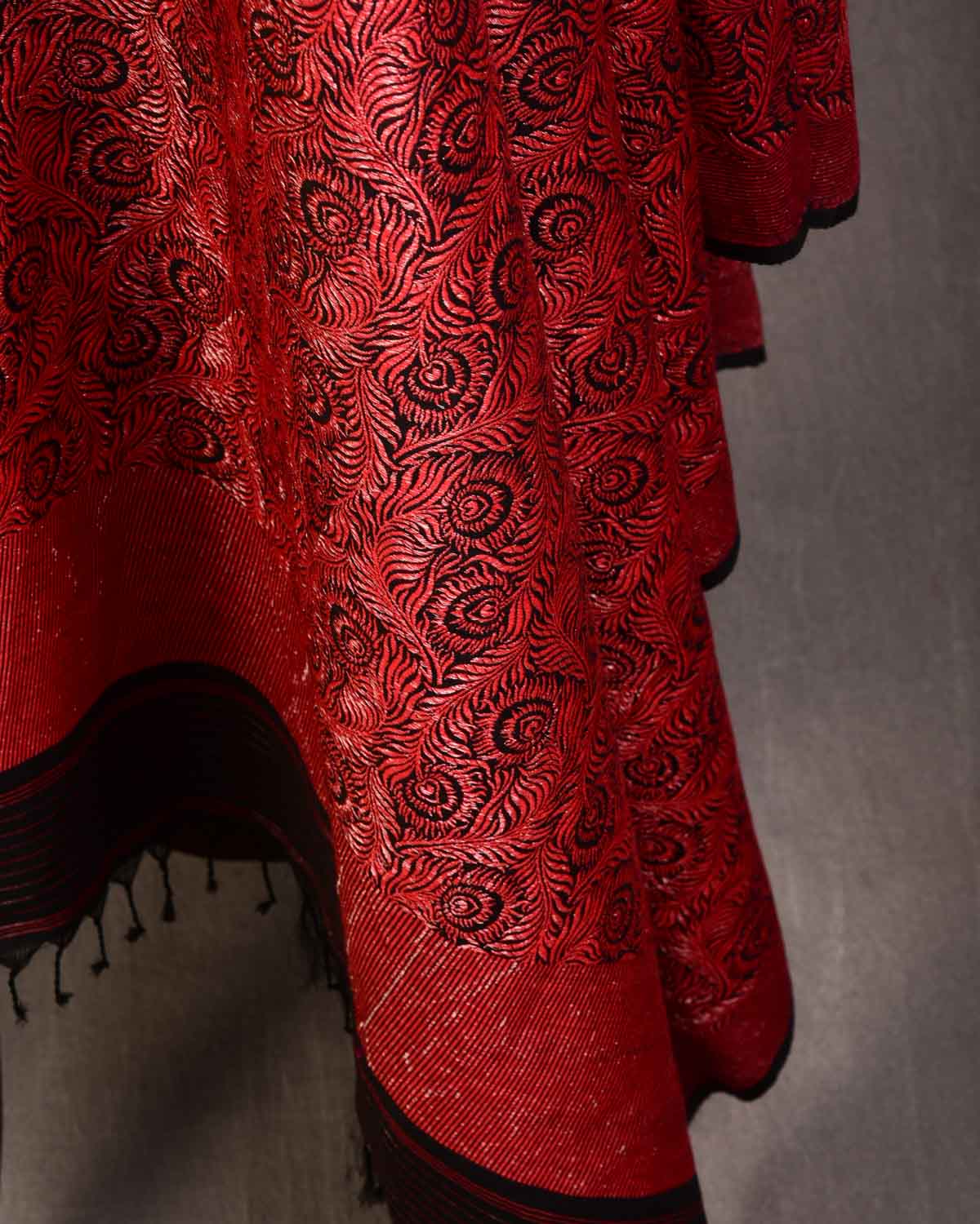 Black & Metallic Red Morpankh Brocade Handwoven Silk Wool Banarasi Shawl-HolyWeaves