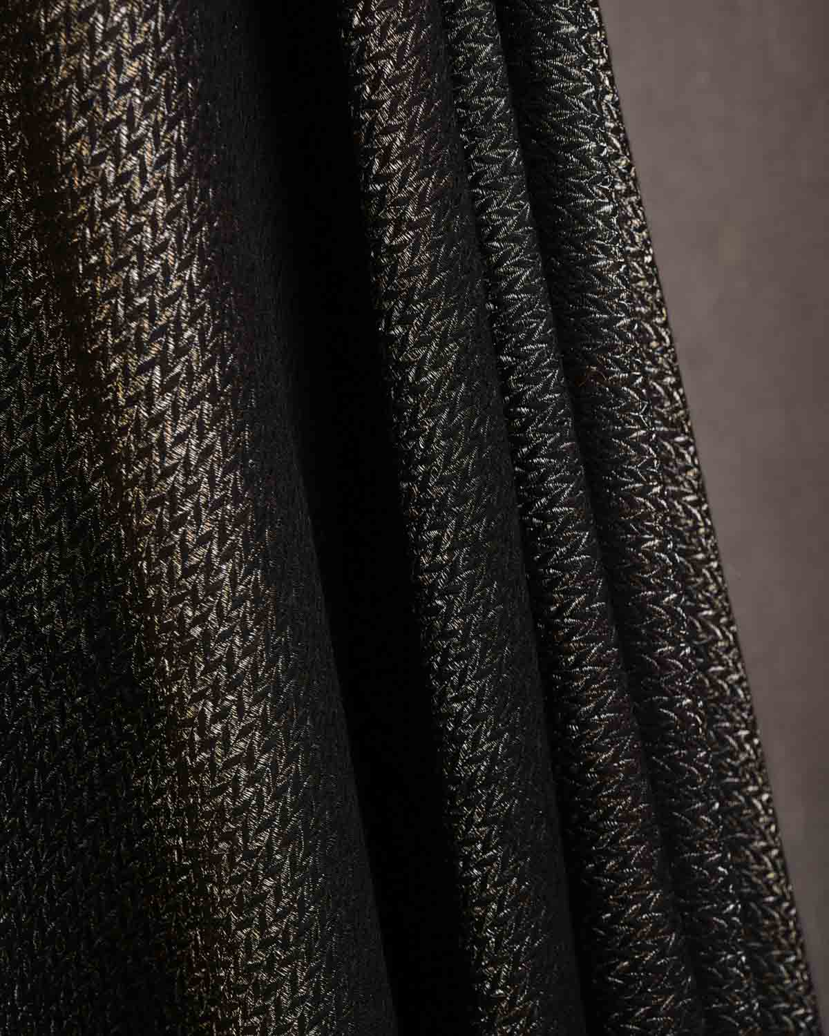 Black Gold & Silver Metallic Zari Herring Bone Brocade Handwoven Silk Wool Dress Shawl with Feather Pallu-HolyWeaves