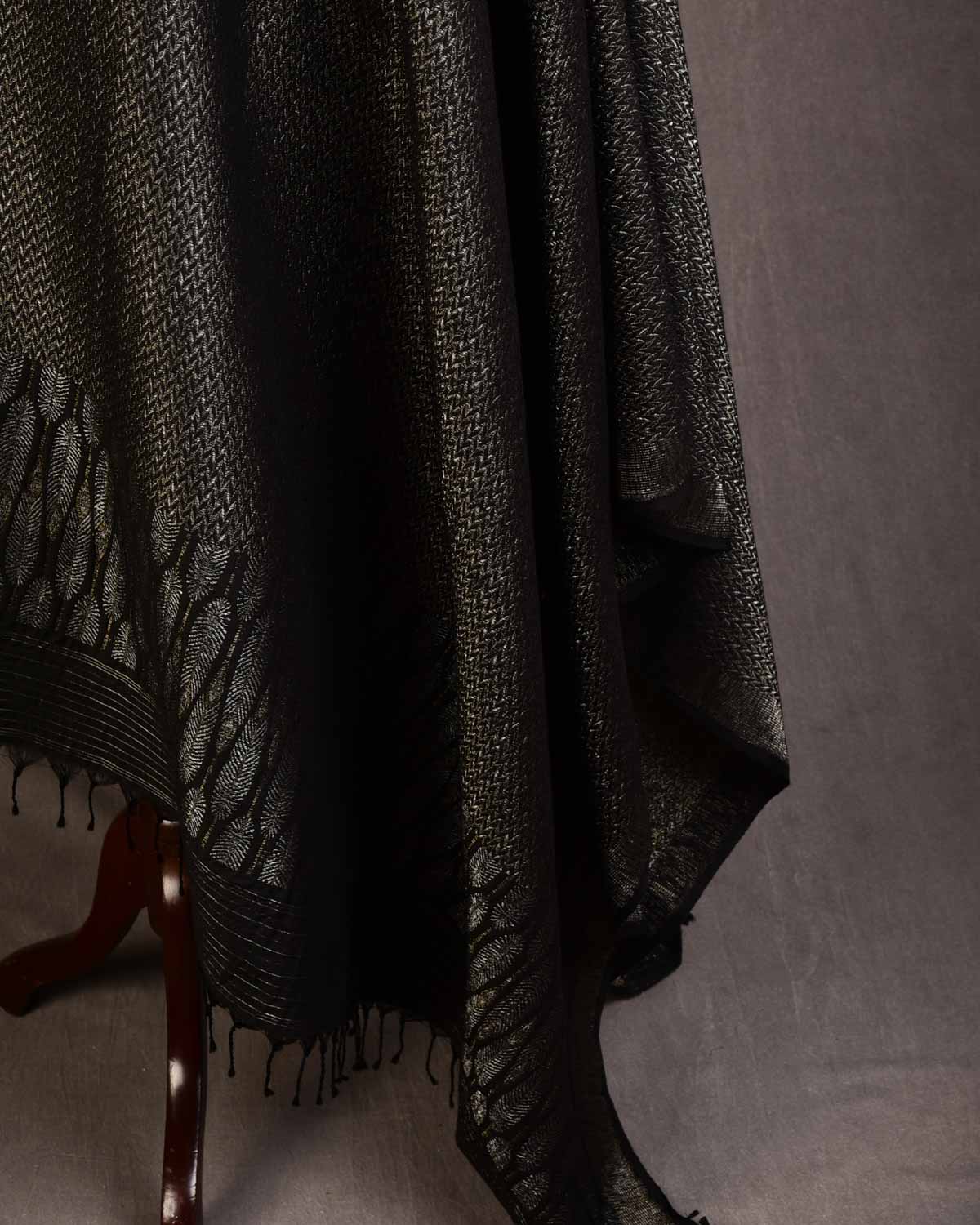 Black Gold & Silver Metallic Zari Herring Bone Brocade Handwoven Silk Wool Dress Shawl with Feather Pallu-HolyWeaves