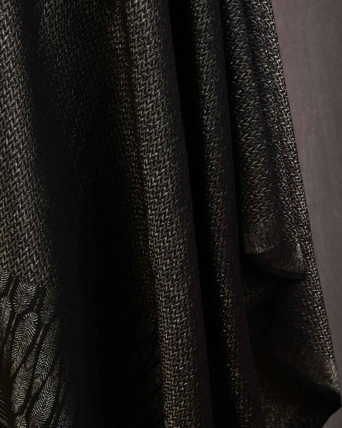 Black Gold & Silver Metallic Zari Herring Bone Brocade Handwoven Silk Wool Dress Shawl with Feather Pallu-HolyWeaves