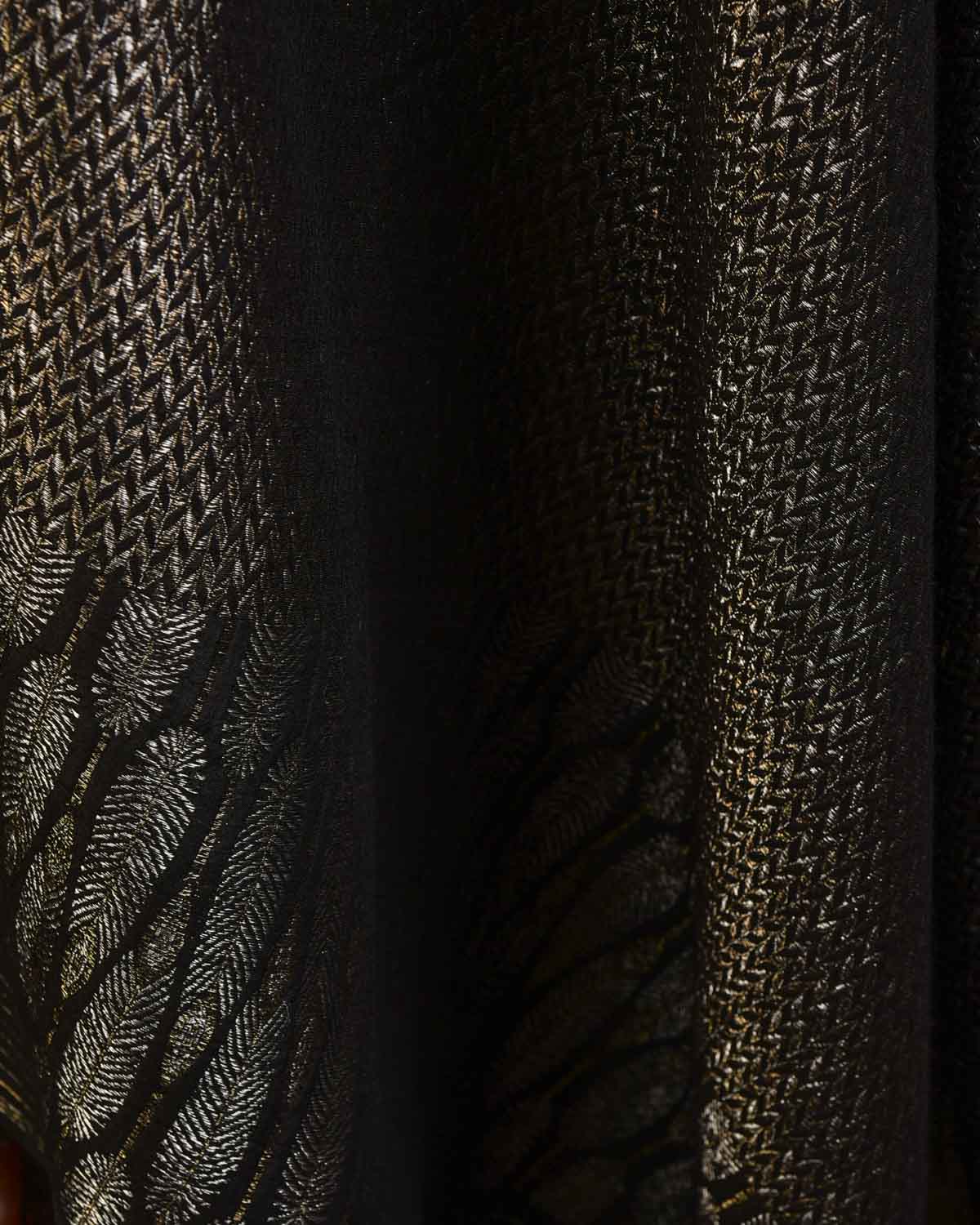 Black Gold & Silver Metallic Zari Herring Bone Brocade Handwoven Silk Wool Dress Shawl with Feather Pallu-HolyWeaves