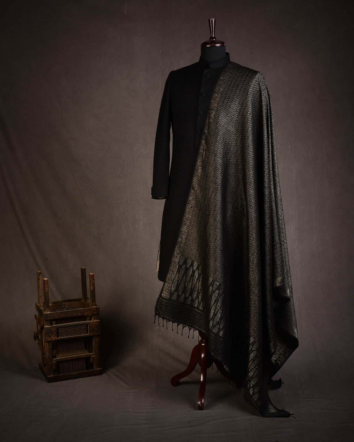 Black Gold & Silver Metallic Zari Herring Bone Brocade Handwoven Silk Wool Dress Shawl with Feather Pallu-HolyWeaves