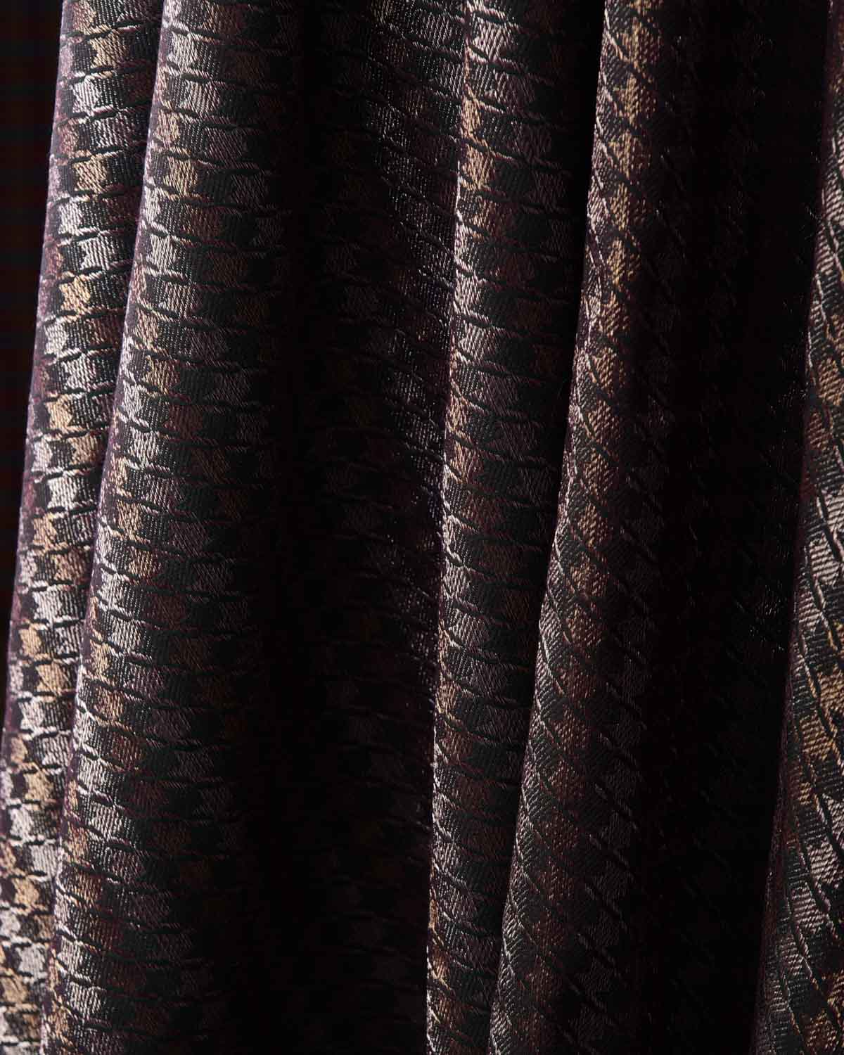 Midnight Green Gold & Silver Zari Houndstooth Brocade Handwoven Silk Wool Dress Shawl-HolyWeaves