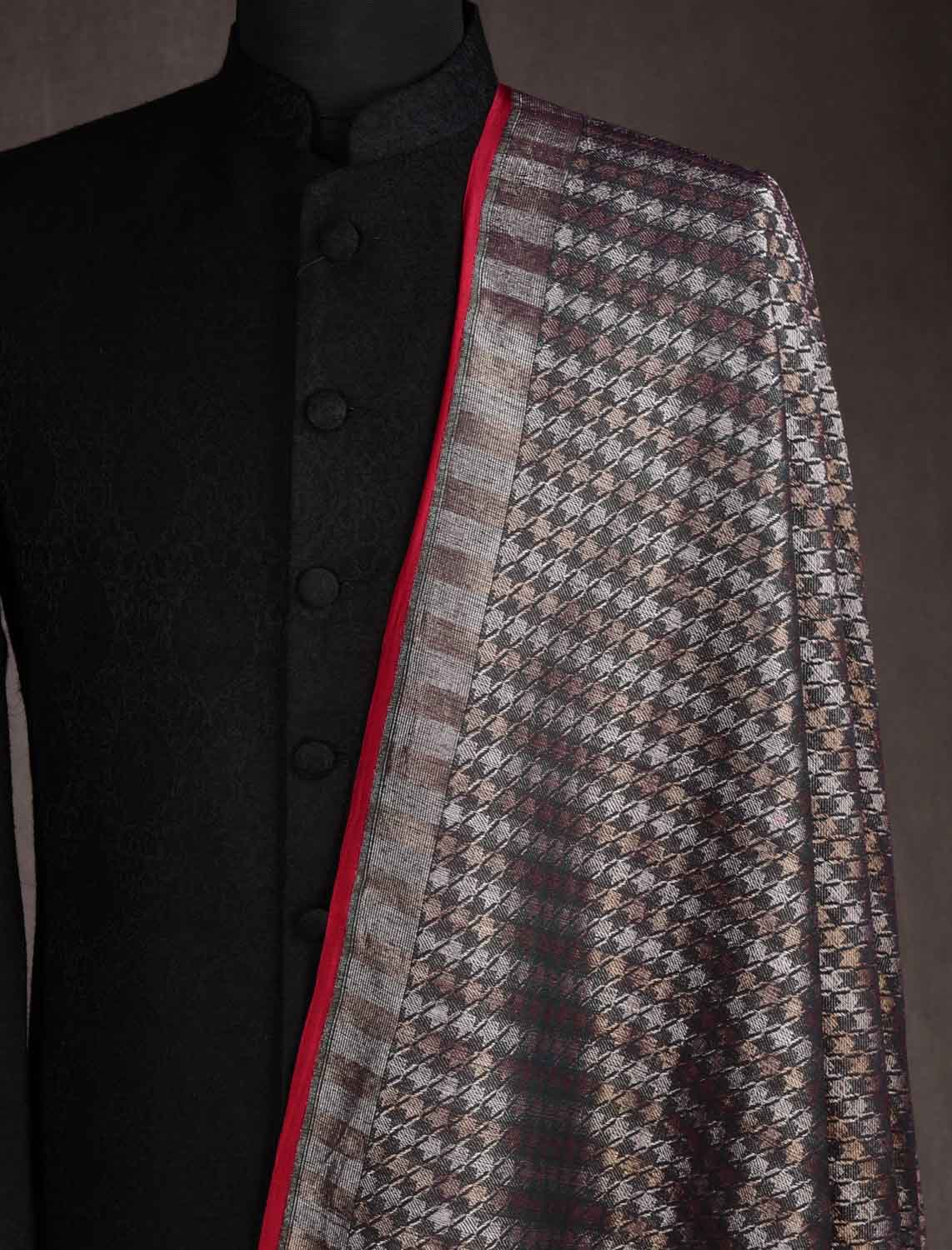 Midnight Green Gold & Silver Zari Houndstooth Brocade Handwoven Silk Wool Dress Shawl-HolyWeaves