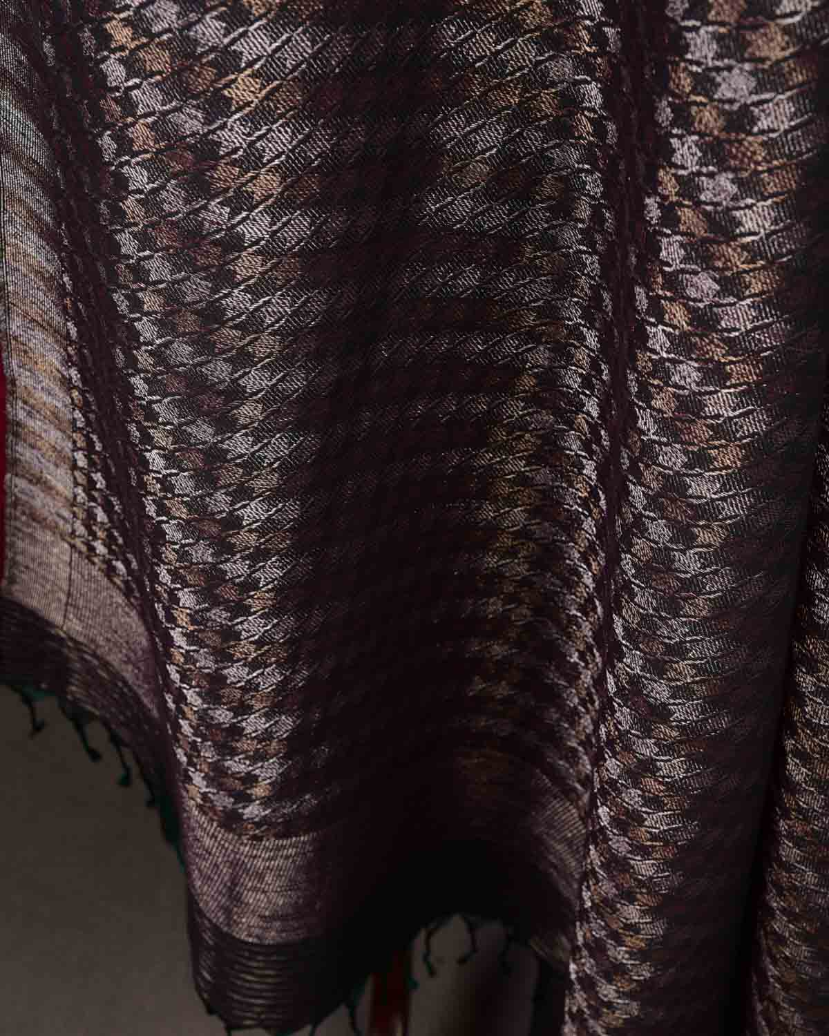 Midnight Green Gold & Silver Zari Houndstooth Brocade Handwoven Silk Wool Dress Shawl-HolyWeaves