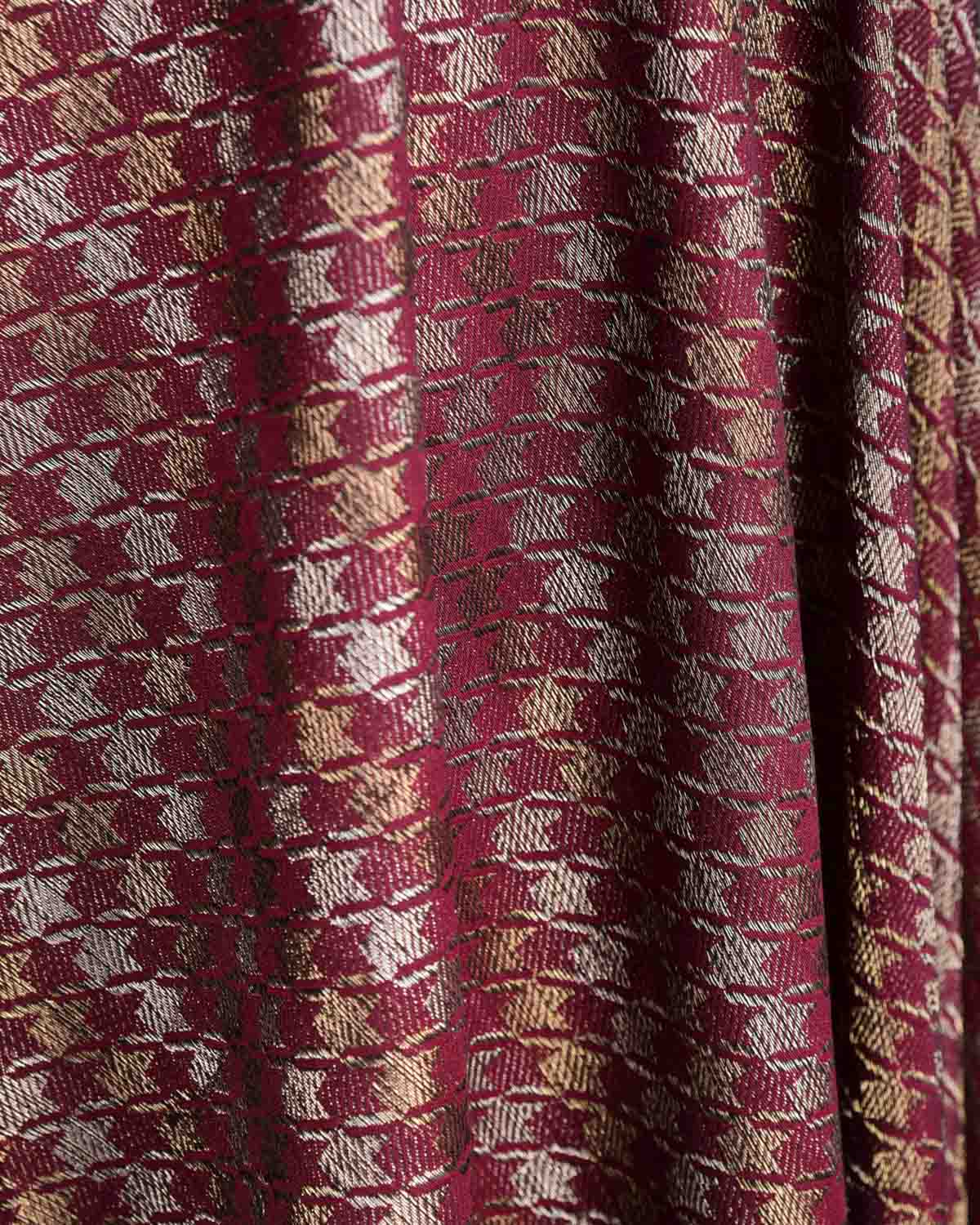 Burgundy Gold & Silver Zari Houndstooth Brocade Handwoven Silk Wool Dress Shawl-HolyWeaves