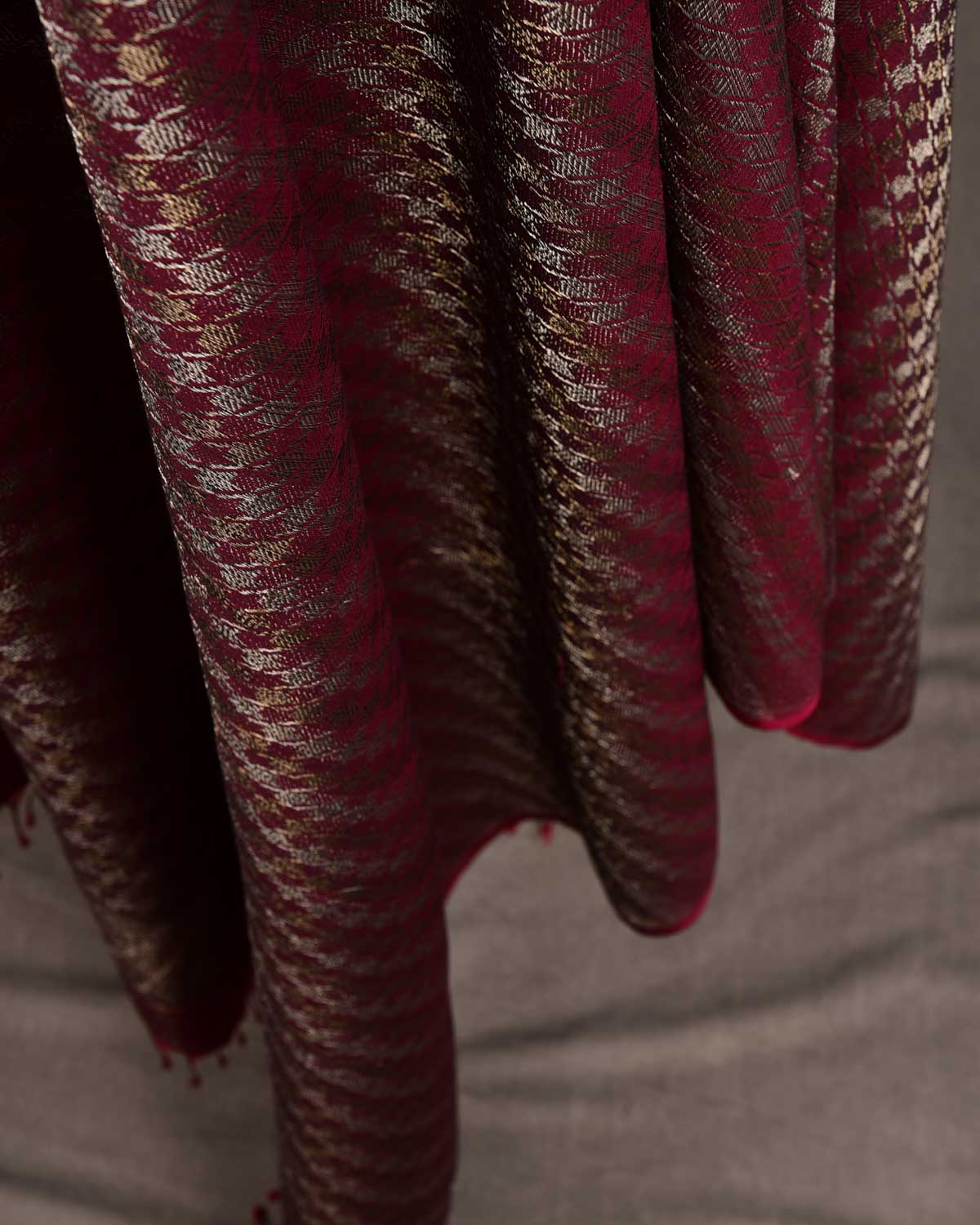 Burgundy Gold & Silver Zari Houndstooth Brocade Handwoven Silk Wool Dress Shawl-HolyWeaves