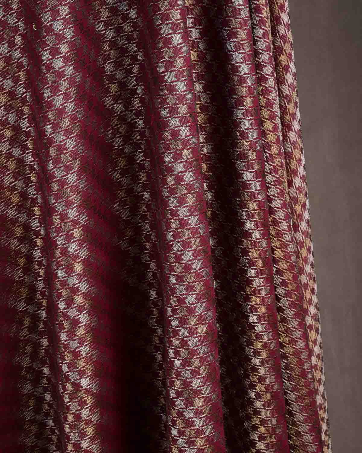 Burgundy Gold & Silver Zari Houndstooth Brocade Handwoven Silk Wool Dress Shawl-HolyWeaves