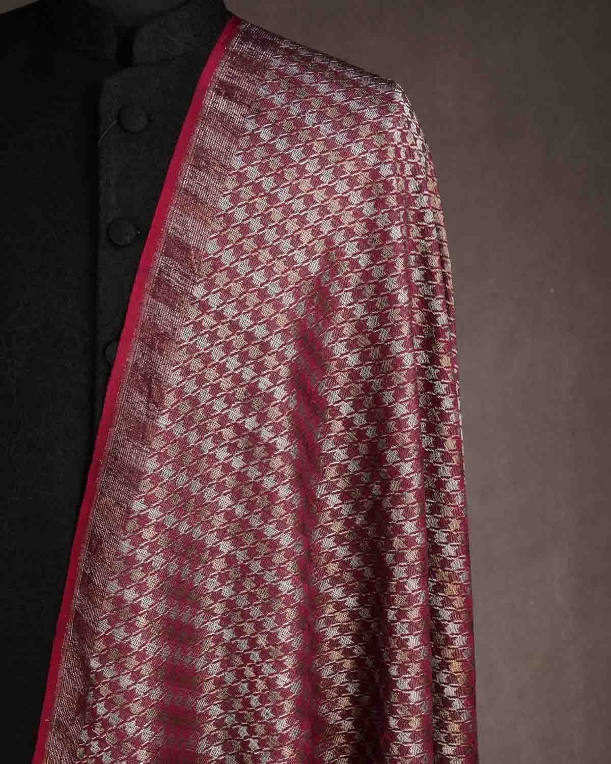 Burgundy Gold & Silver Zari Houndstooth Brocade Handwoven Silk Wool Dress Shawl-HolyWeaves