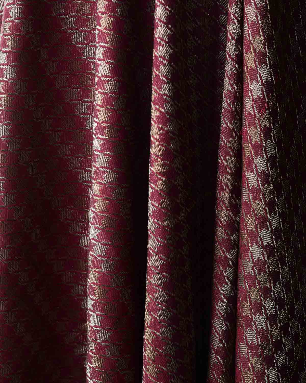 Burgundy Gold & Silver Zari Houndstooth Brocade Handwoven Silk Wool Dress Shawl-HolyWeaves