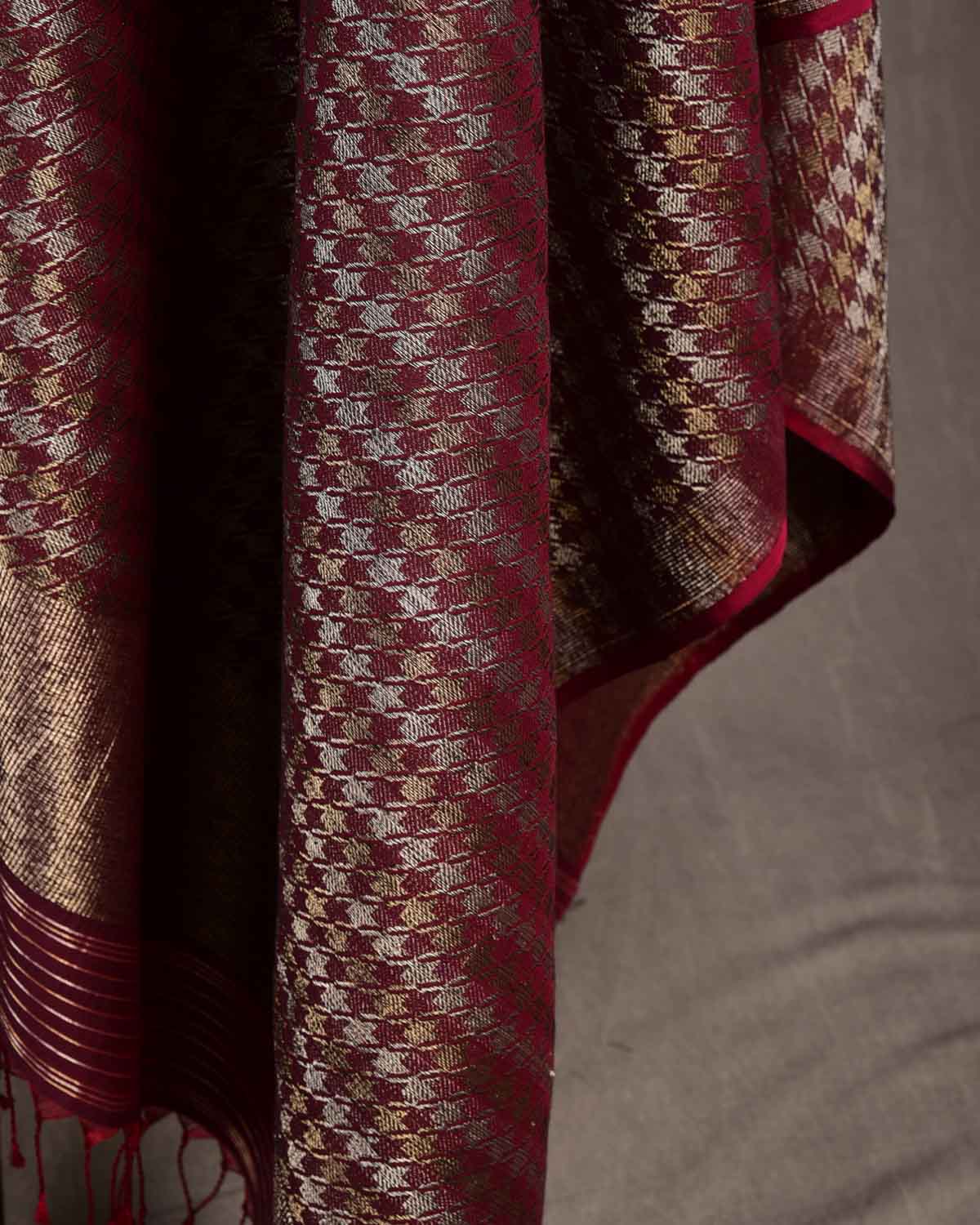 Burgundy Gold & Silver Zari Houndstooth Brocade Handwoven Silk Wool Dress Shawl-HolyWeaves
