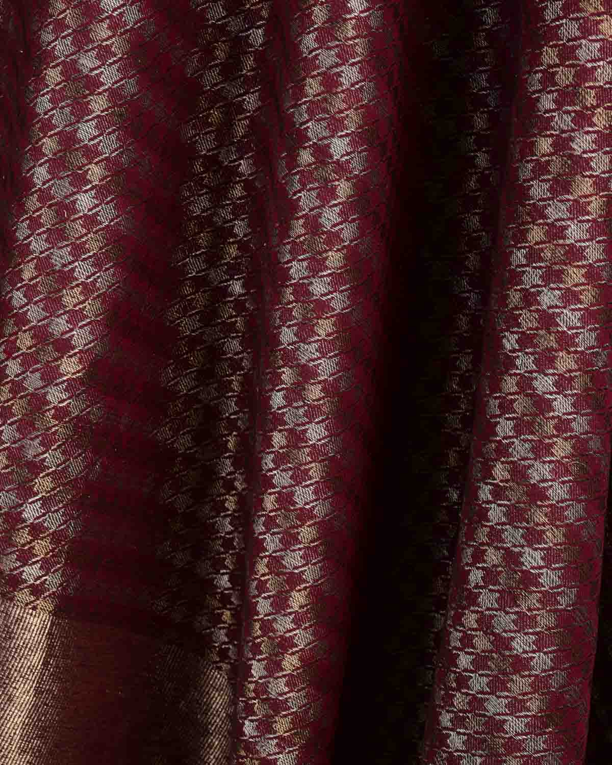 Burgundy Gold & Silver Zari Houndstooth Brocade Handwoven Silk Wool Dress Shawl-HolyWeaves
