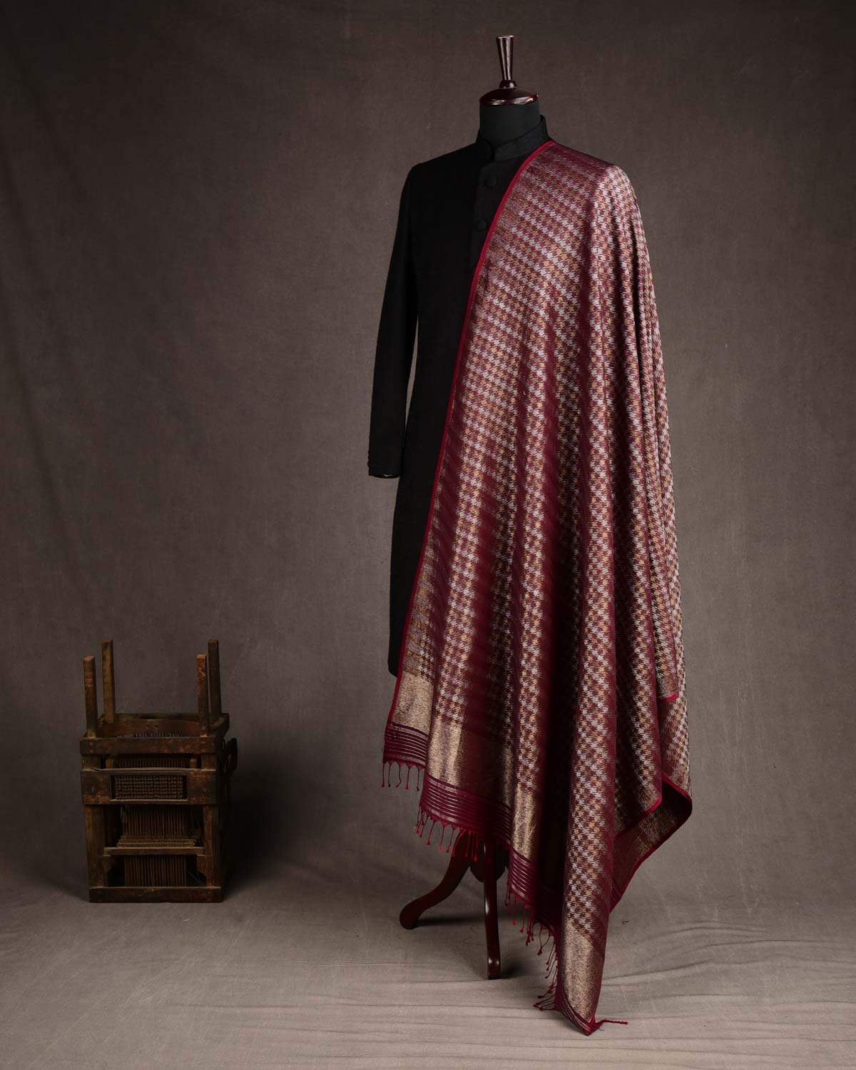 Burgundy Gold & Silver Zari Houndstooth Brocade Handwoven Silk Wool Dress Shawl-HolyWeaves