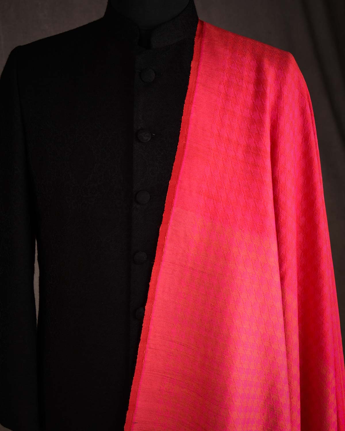 Shot Red-Pink Houndstooth Tanchoi Handwoven Silk Wool Unisex Dress Shawl-HolyWeaves