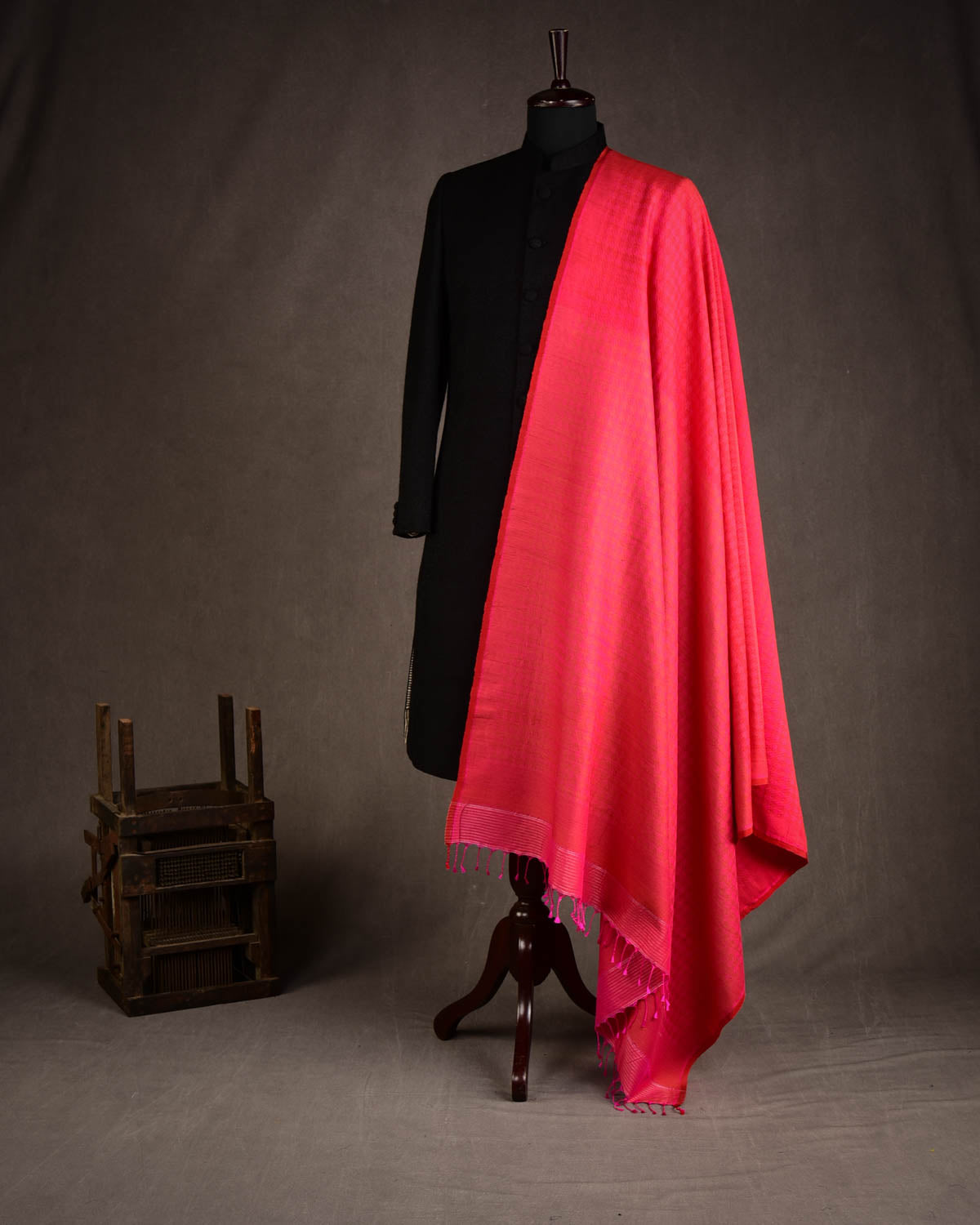 Shot Red-Pink Houndstooth Tanchoi Handwoven Silk Wool Unisex Dress Shawl-HolyWeaves