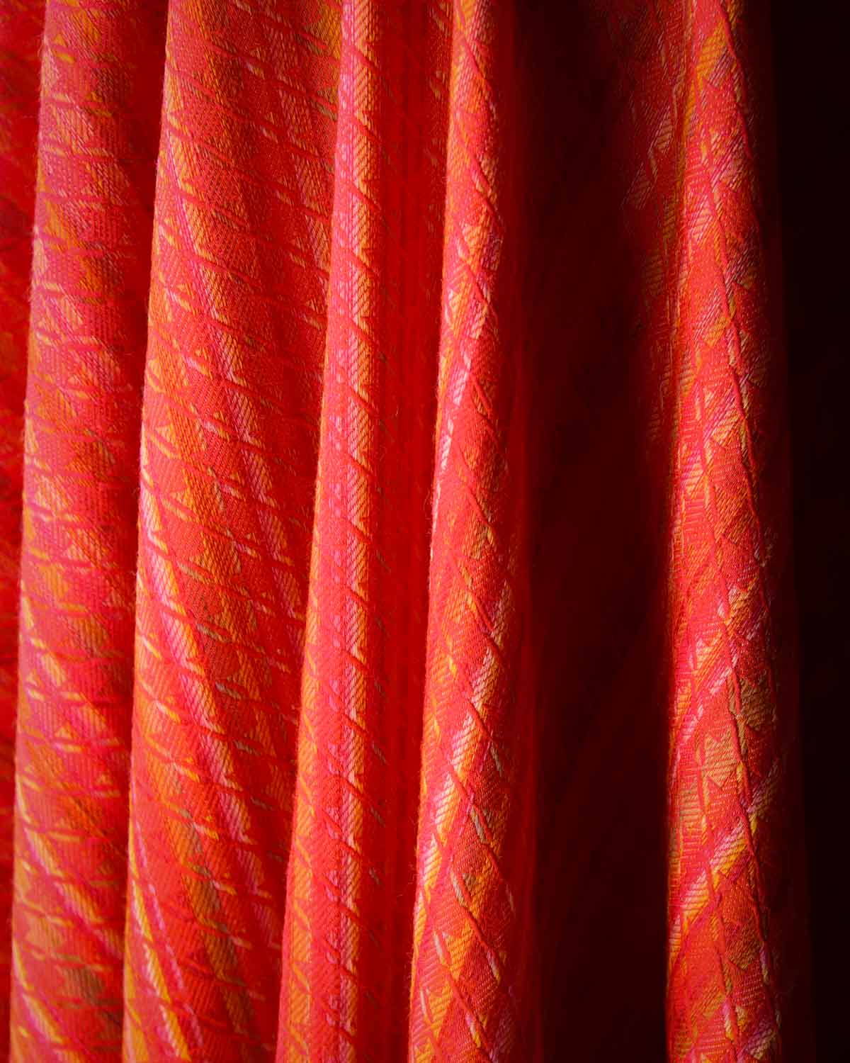 Variegated Orange Houndstooth Tanchoi Handwoven Silk Wool Unisex Dress Shawl-HolyWeaves