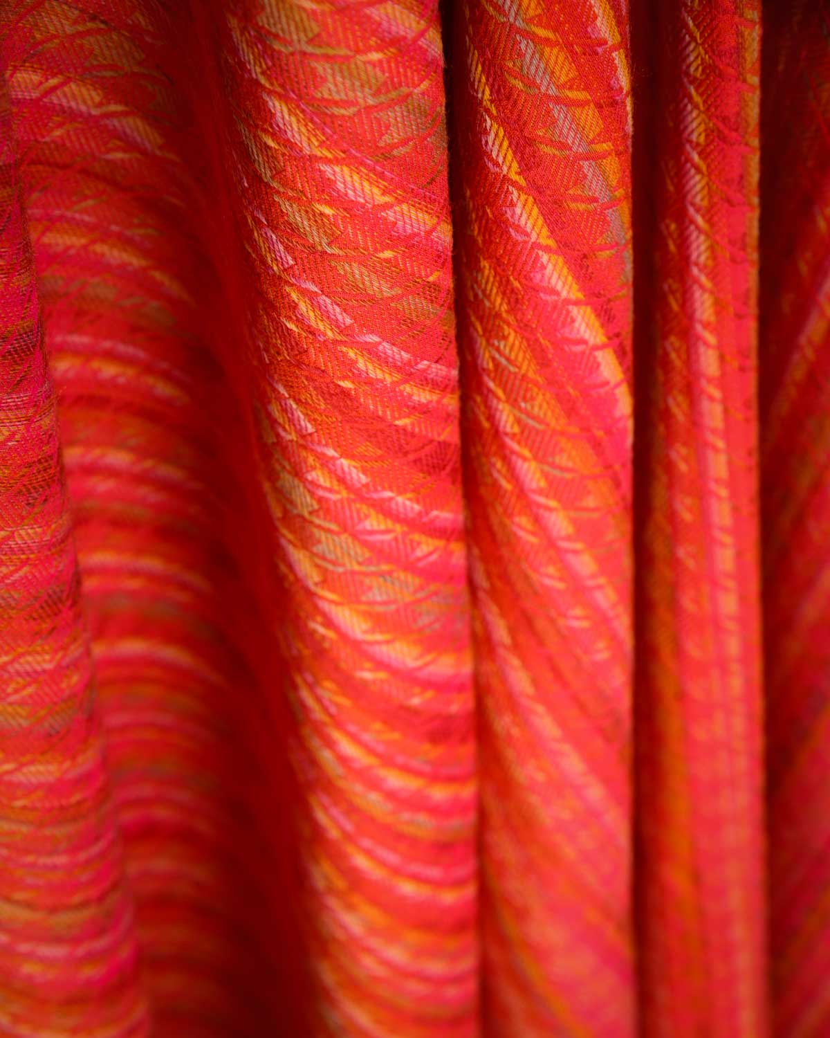 Variegated Orange Houndstooth Tanchoi Handwoven Silk Wool Unisex Dress Shawl-HolyWeaves