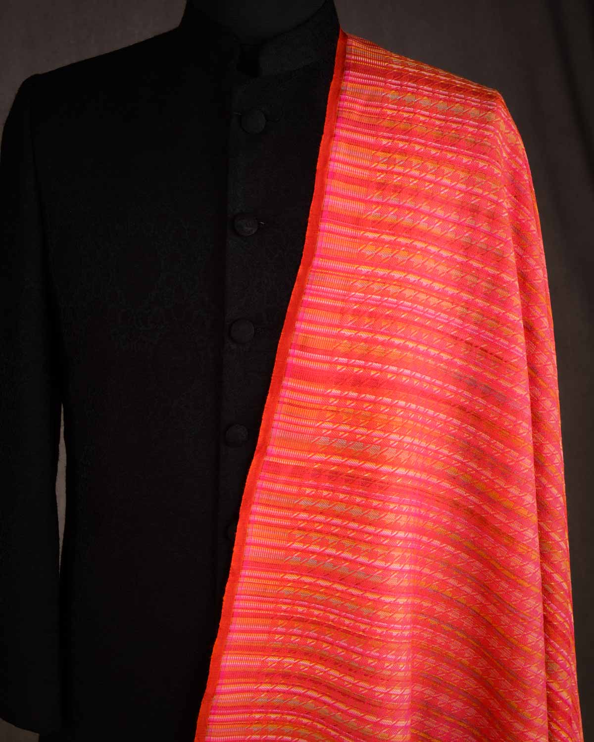 Variegated Orange Houndstooth Tanchoi Handwoven Silk Wool Unisex Dress Shawl-HolyWeaves