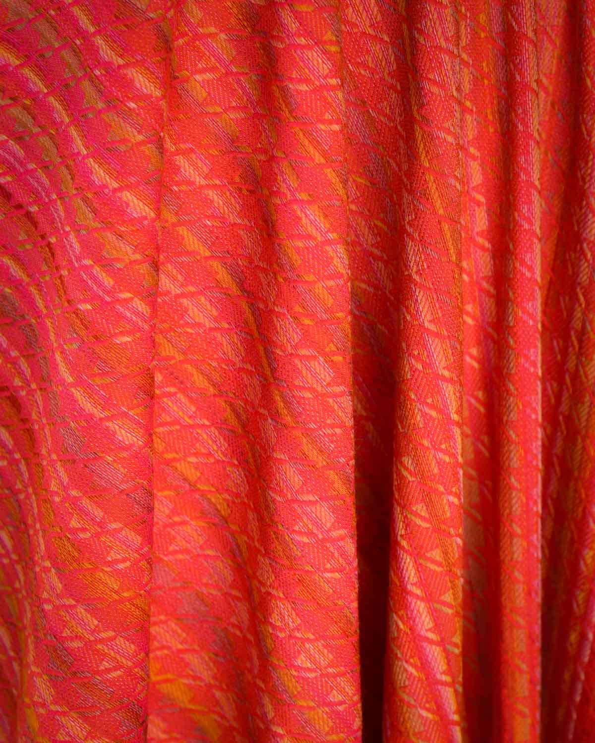 Variegated Orange Houndstooth Tanchoi Handwoven Silk Wool Unisex Dress Shawl-HolyWeaves