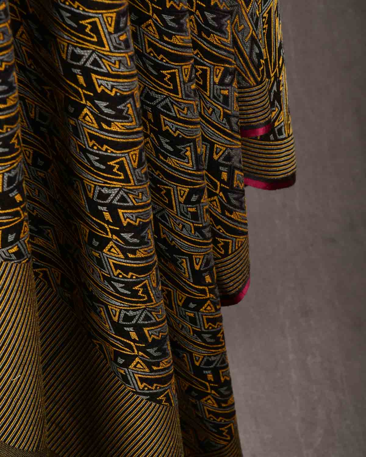 Yellow Gray Black 3-Color Contemporary Glitch Jamawar Handwoven Silk Wool Dress Shawl-HolyWeaves
