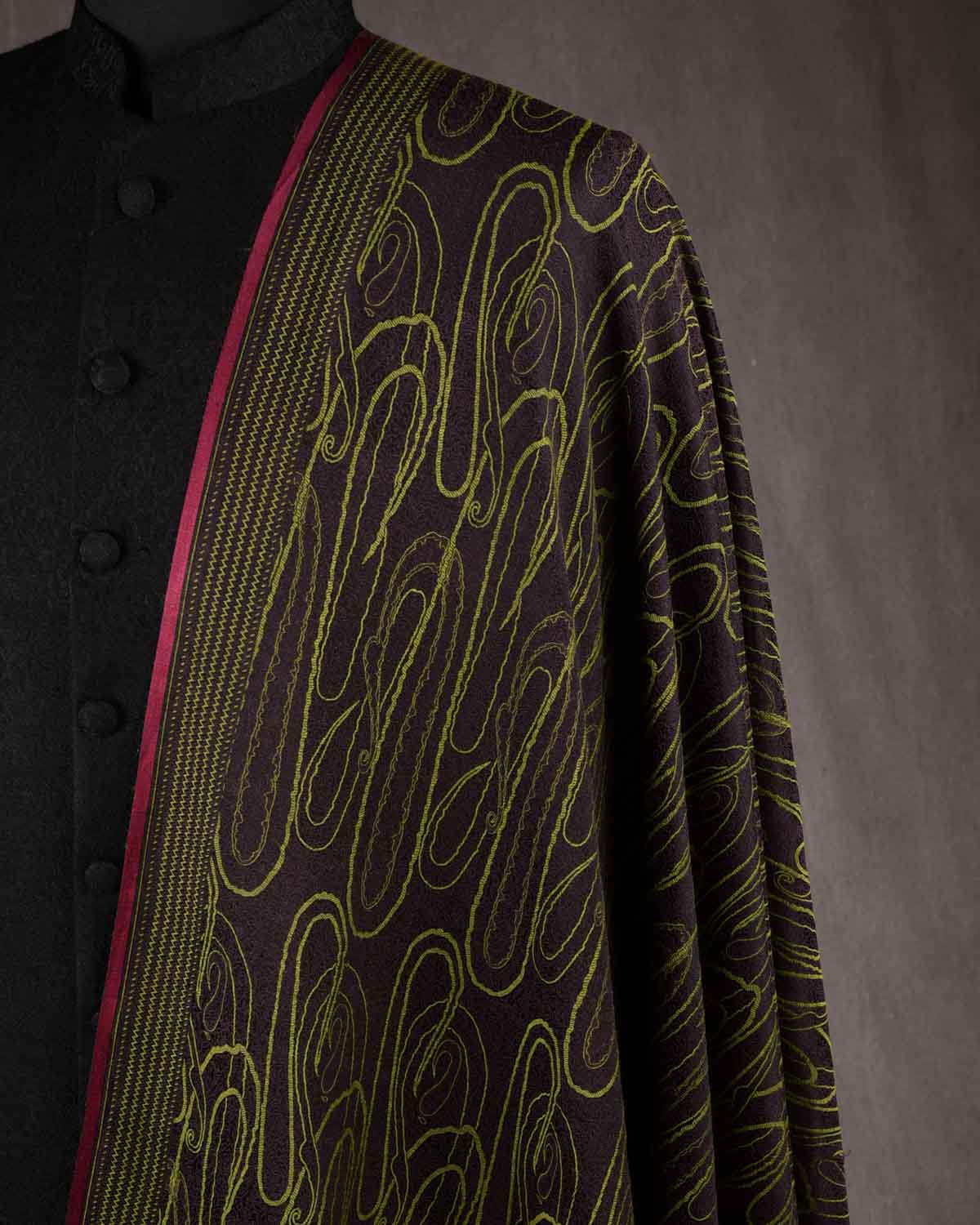 Olive Brown Paisley Satin Tanchoi Handwoven Silk Wool Banarasi Shawl-HolyWeaves